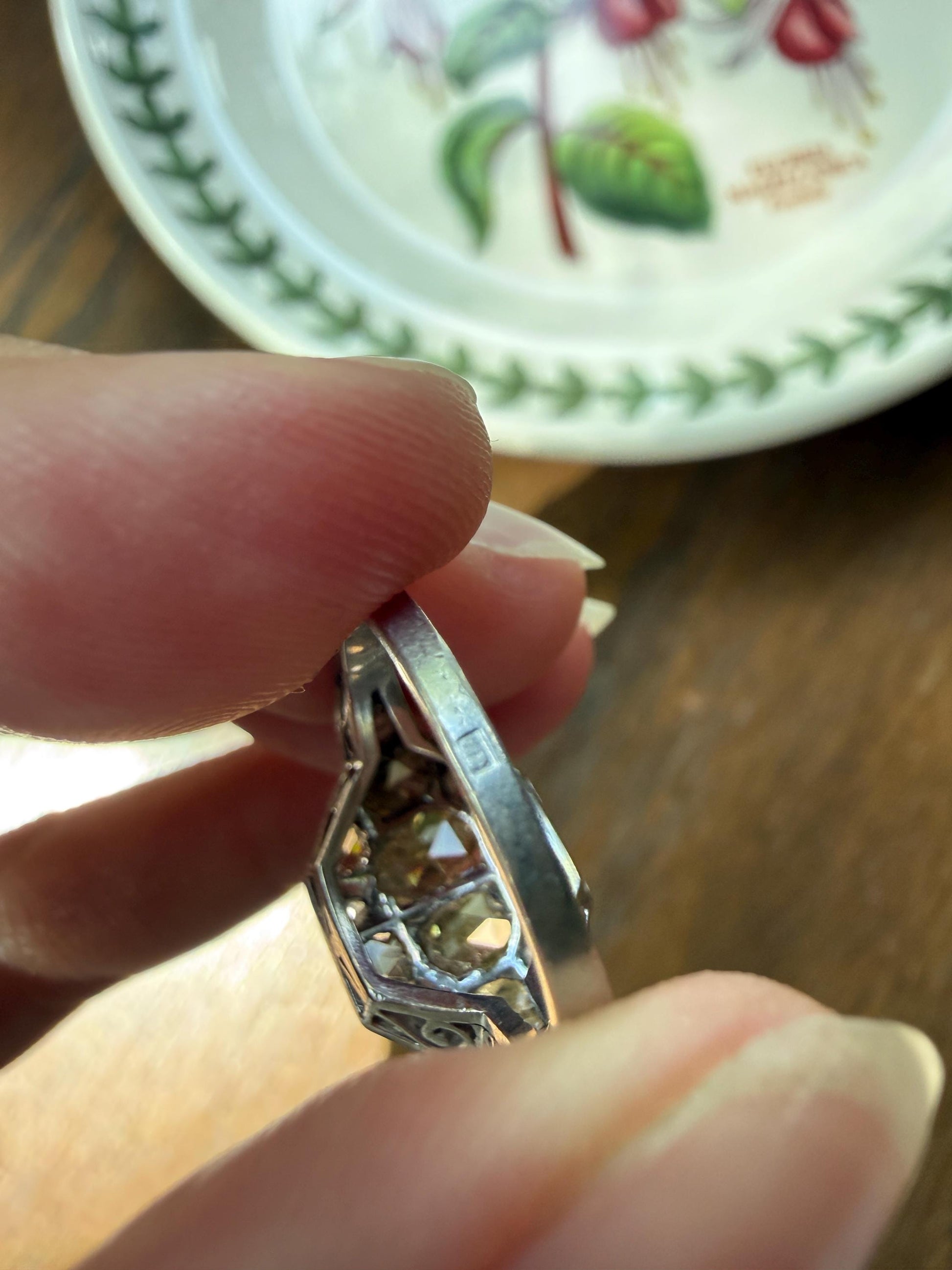 Large Antique Rose Cut Diamond Cobblestone Hexagon Panel Ring PLATINUM French Edwardian Pear & Round Domed Old Cuts Filigree Shield Cluster