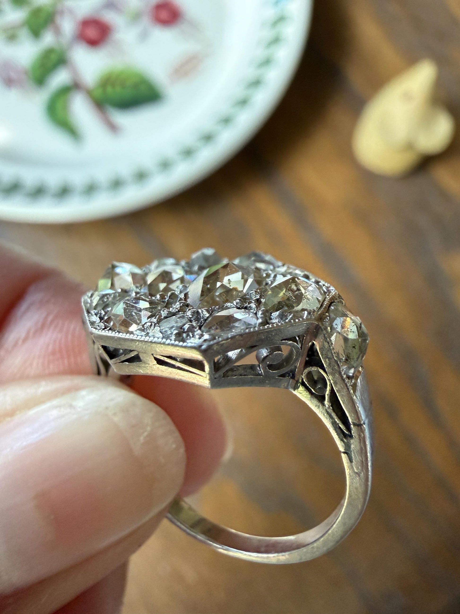 Large Antique Rose Cut Diamond Cobblestone Hexagon Panel Ring PLATINUM French Edwardian Pear & Round Domed Old Cuts Filigree Shield Cluster