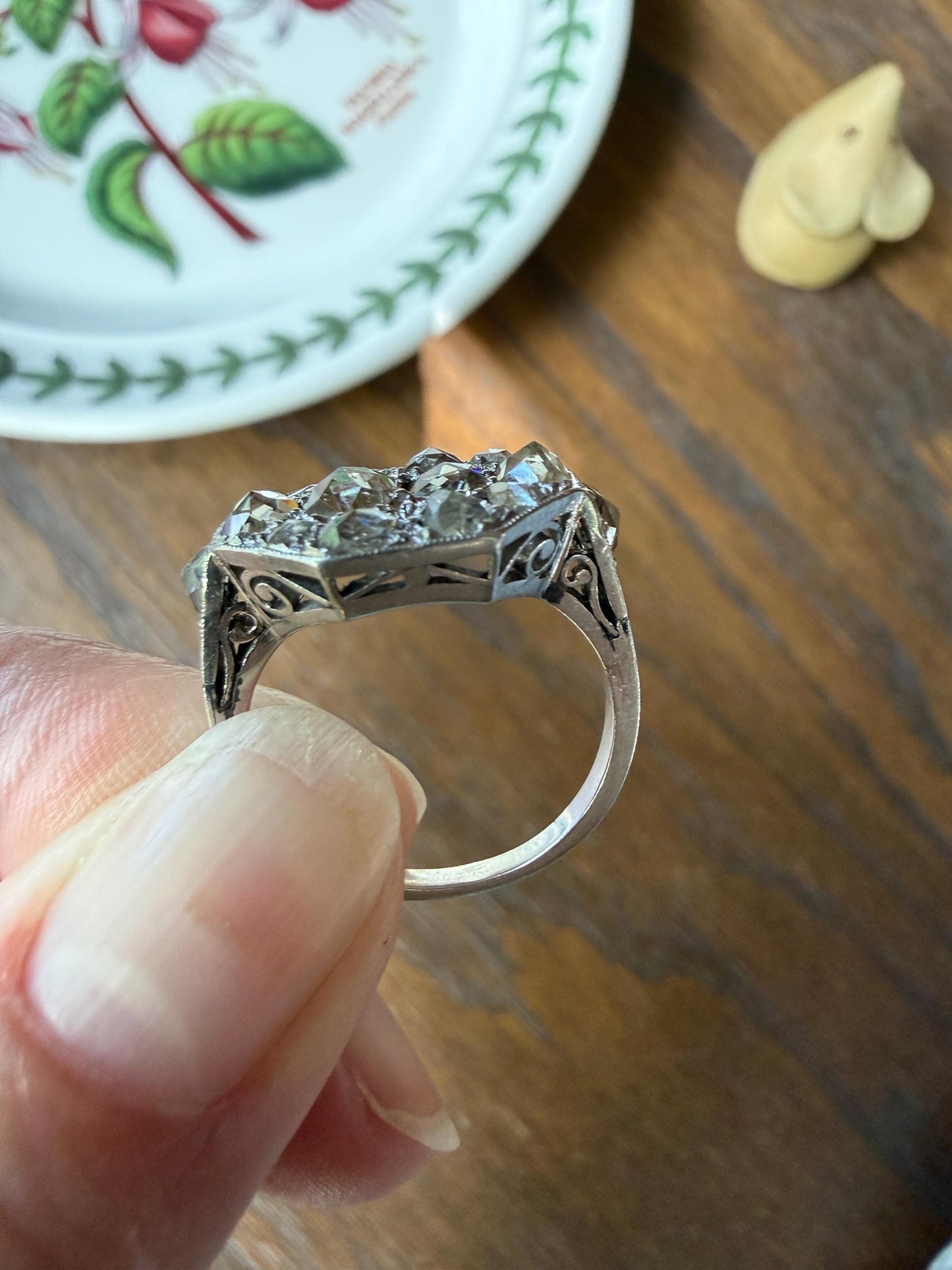 Large Antique Rose Cut Diamond Cobblestone Hexagon Panel Ring PLATINUM French Edwardian Pear & Round Domed Old Cuts Filigree Shield Cluster