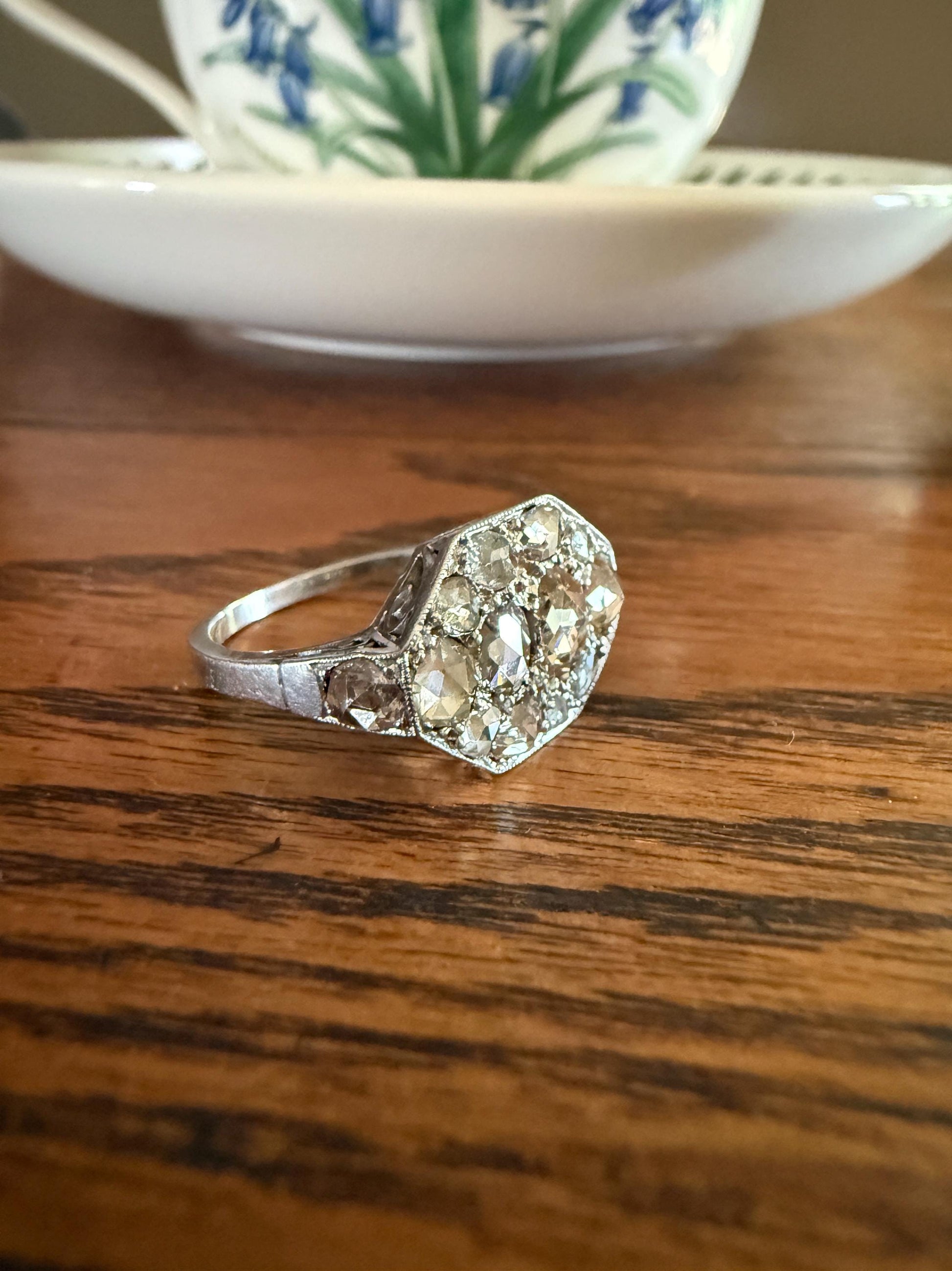 Large Antique Rose Cut Diamond Cobblestone Hexagon Panel Ring PLATINUM French Edwardian Pear & Round Domed Old Cuts Filigree Shield Cluster
