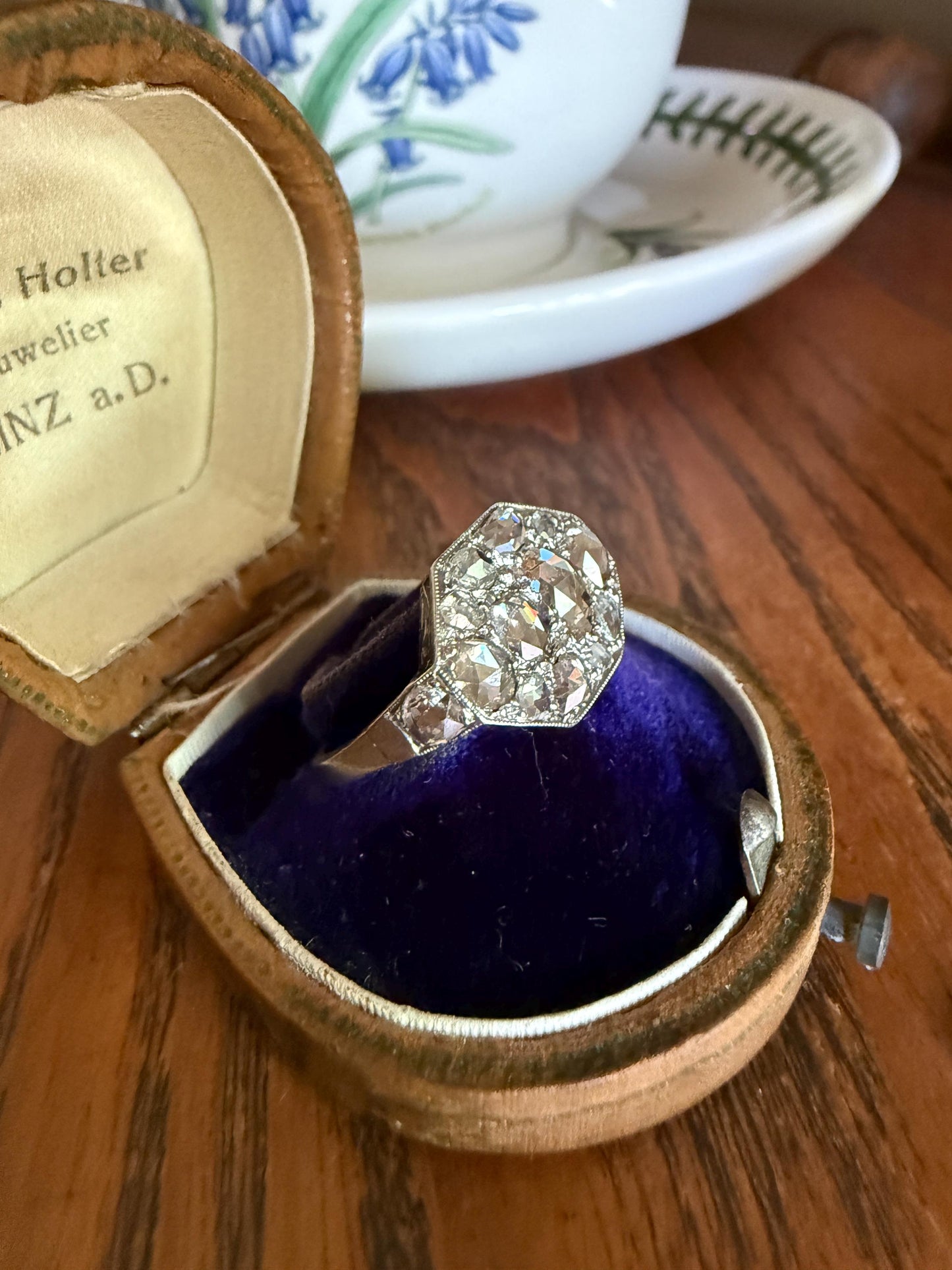 Large Antique Rose Cut Diamond Cobblestone Hexagon Panel Ring PLATINUM French Edwardian Pear & Round Domed Old Cuts Filigree Shield Cluster