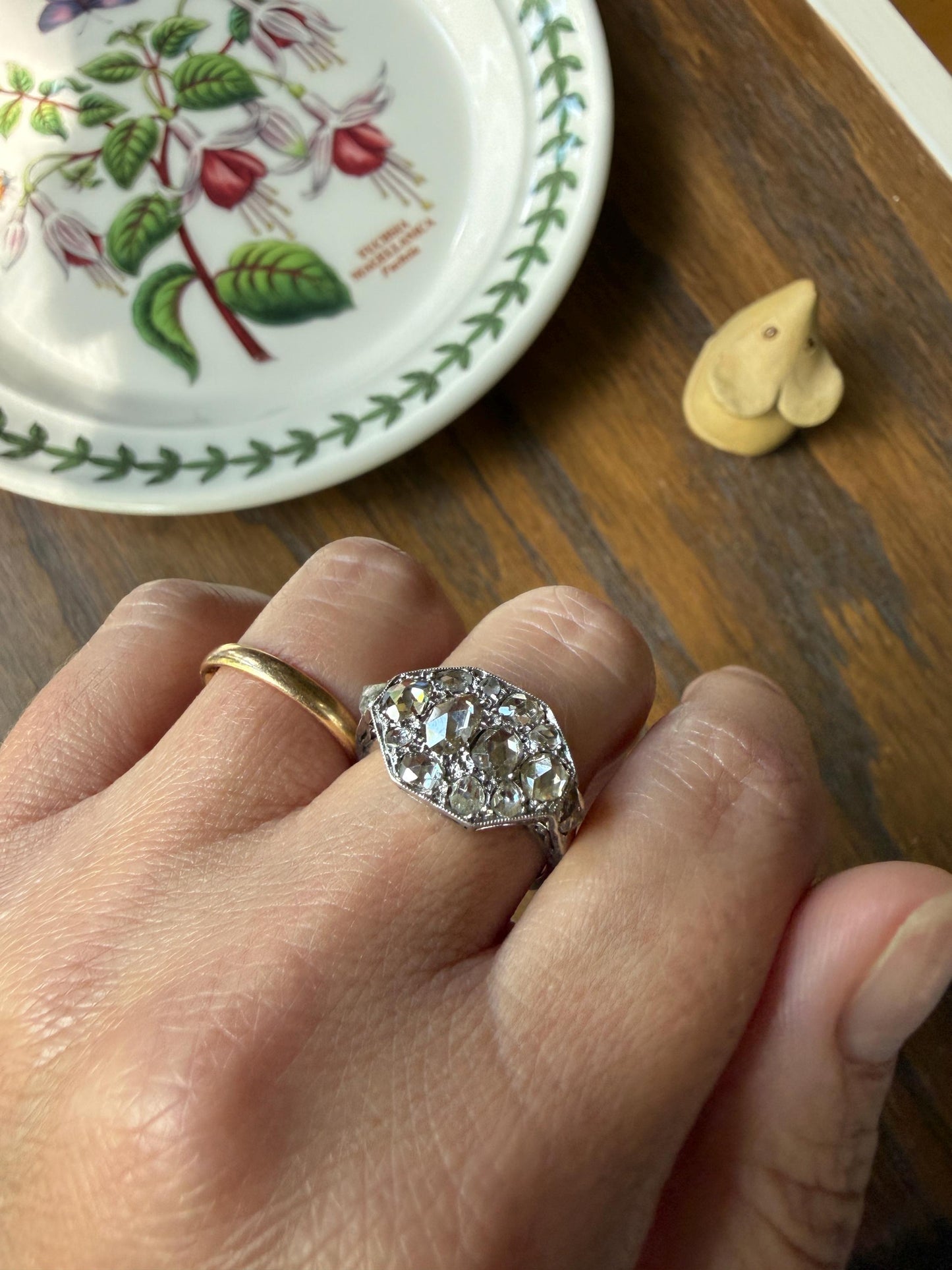 Large Antique Rose Cut Diamond Cobblestone Hexagon Panel Ring PLATINUM French Edwardian Pear & Round Domed Old Cuts Filigree Shield Cluster
