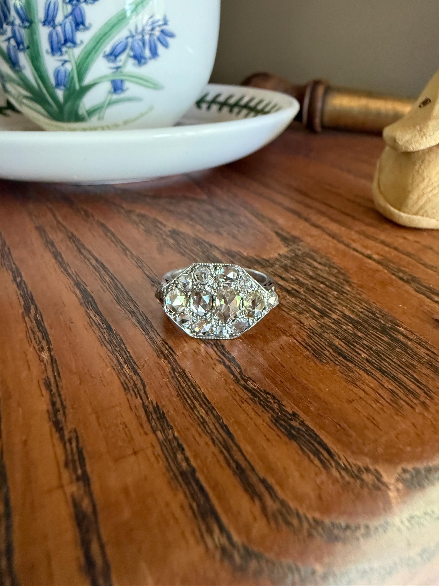 Large Antique Rose Cut Diamond Cobblestone Hexagon Panel Ring PLATINUM French Edwardian Pear & Round Domed Old Cuts Filigree Shield Cluster
