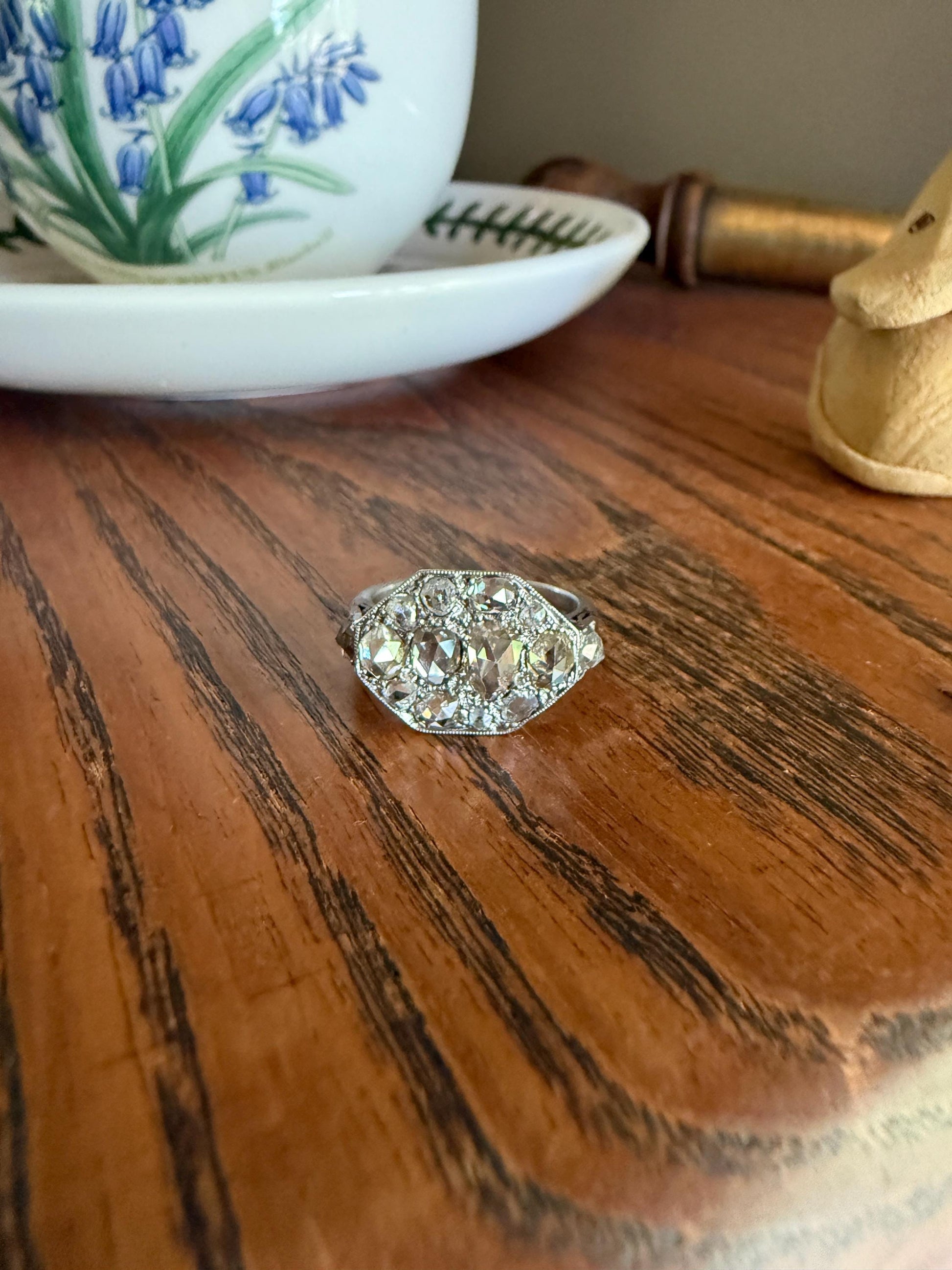 Large Antique Rose Cut Diamond Cobblestone Hexagon Panel Ring PLATINUM French Edwardian Pear & Round Domed Old Cuts Filigree Shield Cluster