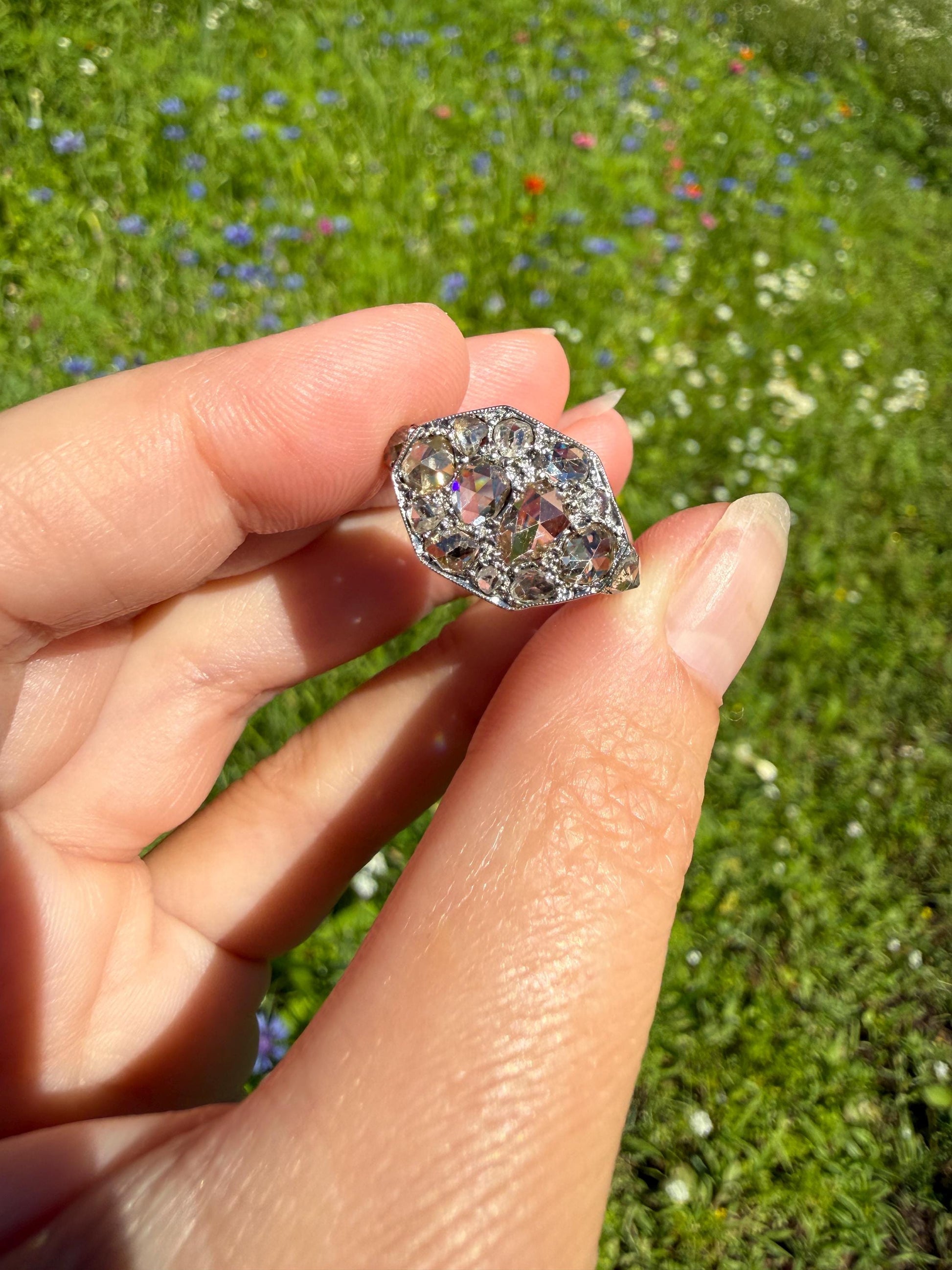 Large Antique Rose Cut Diamond Cobblestone Hexagon Panel Ring PLATINUM French Edwardian Pear & Round Domed Old Cuts Filigree Shield Cluster