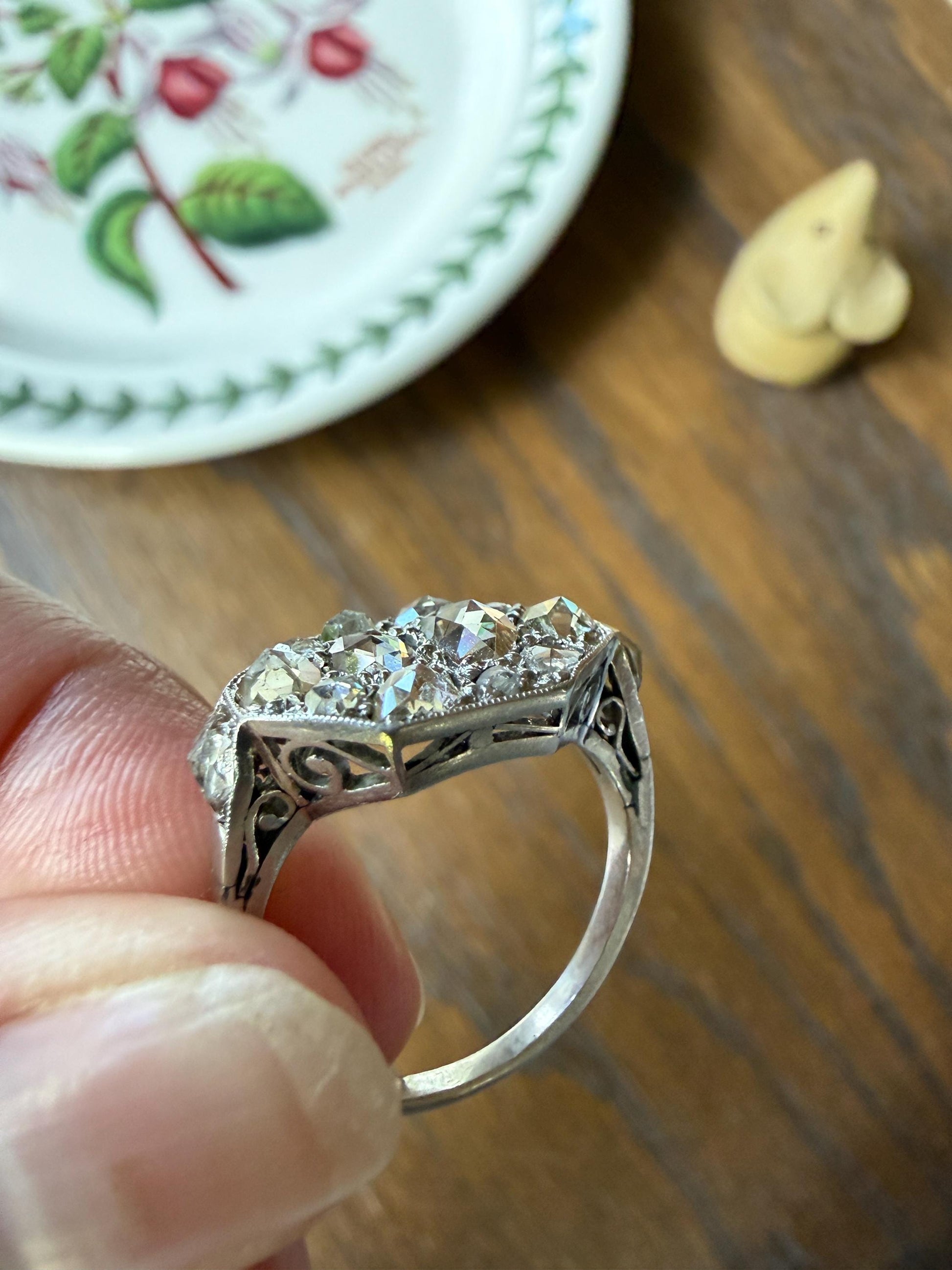 Large Antique Rose Cut Diamond Cobblestone Hexagon Panel Ring PLATINUM French Edwardian Pear & Round Domed Old Cuts Filigree Shield Cluster