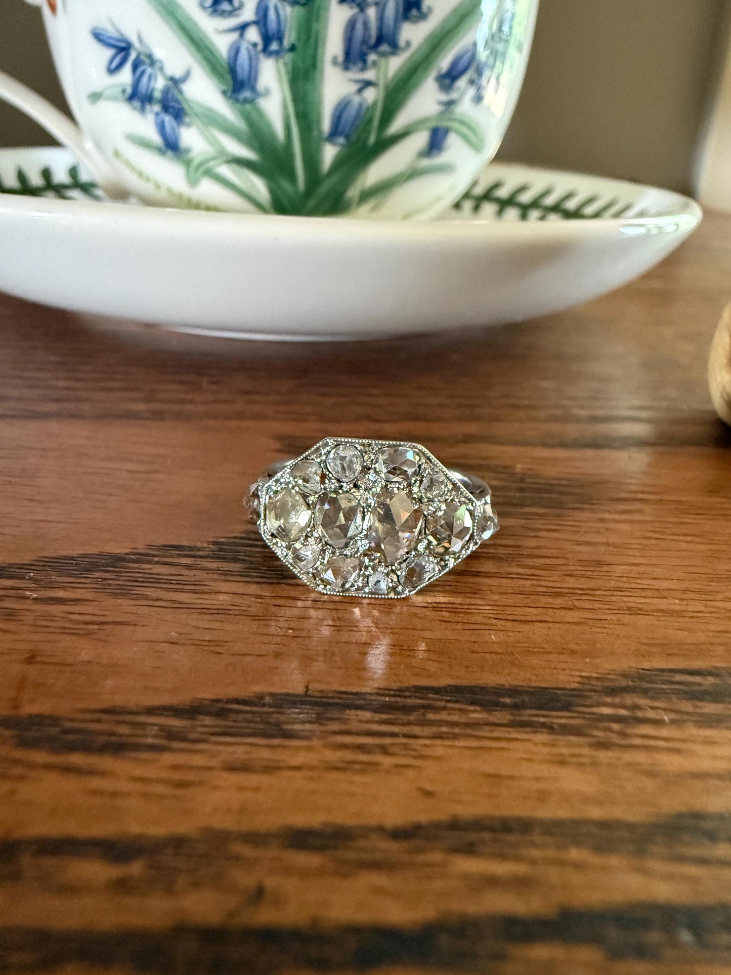 Large Antique Rose Cut Diamond Cobblestone Hexagon Panel Ring PLATINUM French Edwardian Pear & Round Domed Old Cuts Filigree Shield Cluster