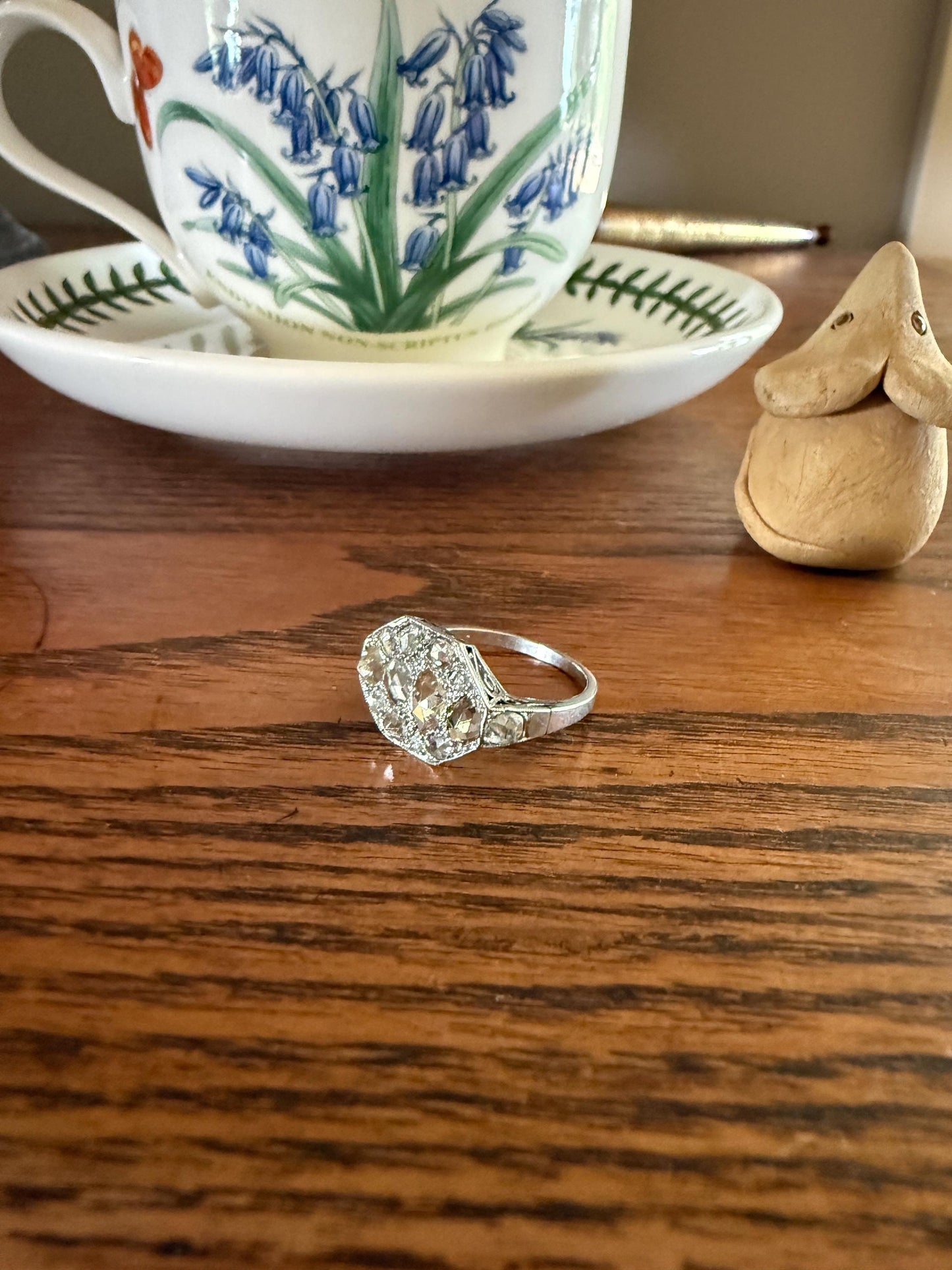 Large Antique Rose Cut Diamond Cobblestone Hexagon Panel Ring PLATINUM French Edwardian Pear & Round Domed Old Cuts Filigree Shield Cluster