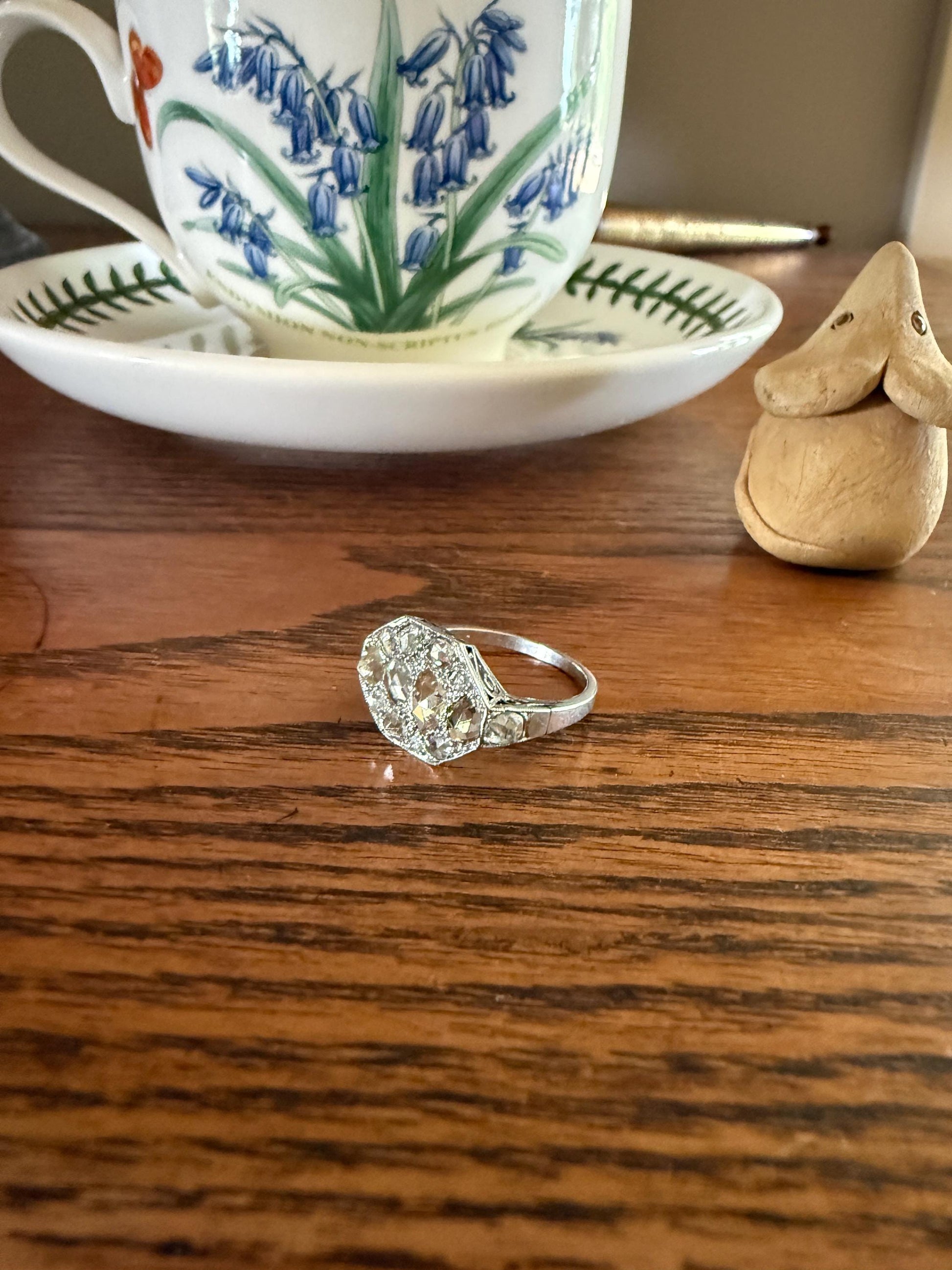 Large Antique Rose Cut Diamond Cobblestone Hexagon Panel Ring PLATINUM French Edwardian Pear & Round Domed Old Cuts Filigree Shield Cluster