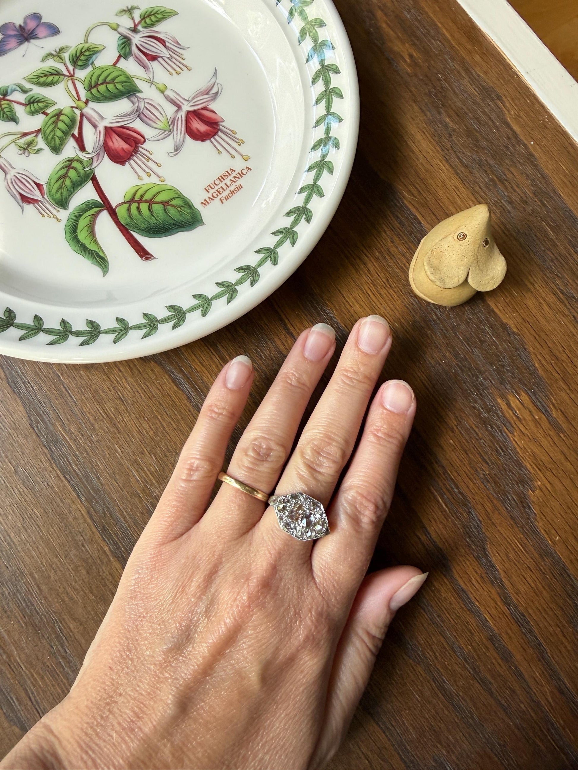 Large Antique Rose Cut Diamond Cobblestone Hexagon Panel Ring PLATINUM French Edwardian Pear & Round Domed Old Cuts Filigree Shield Cluster