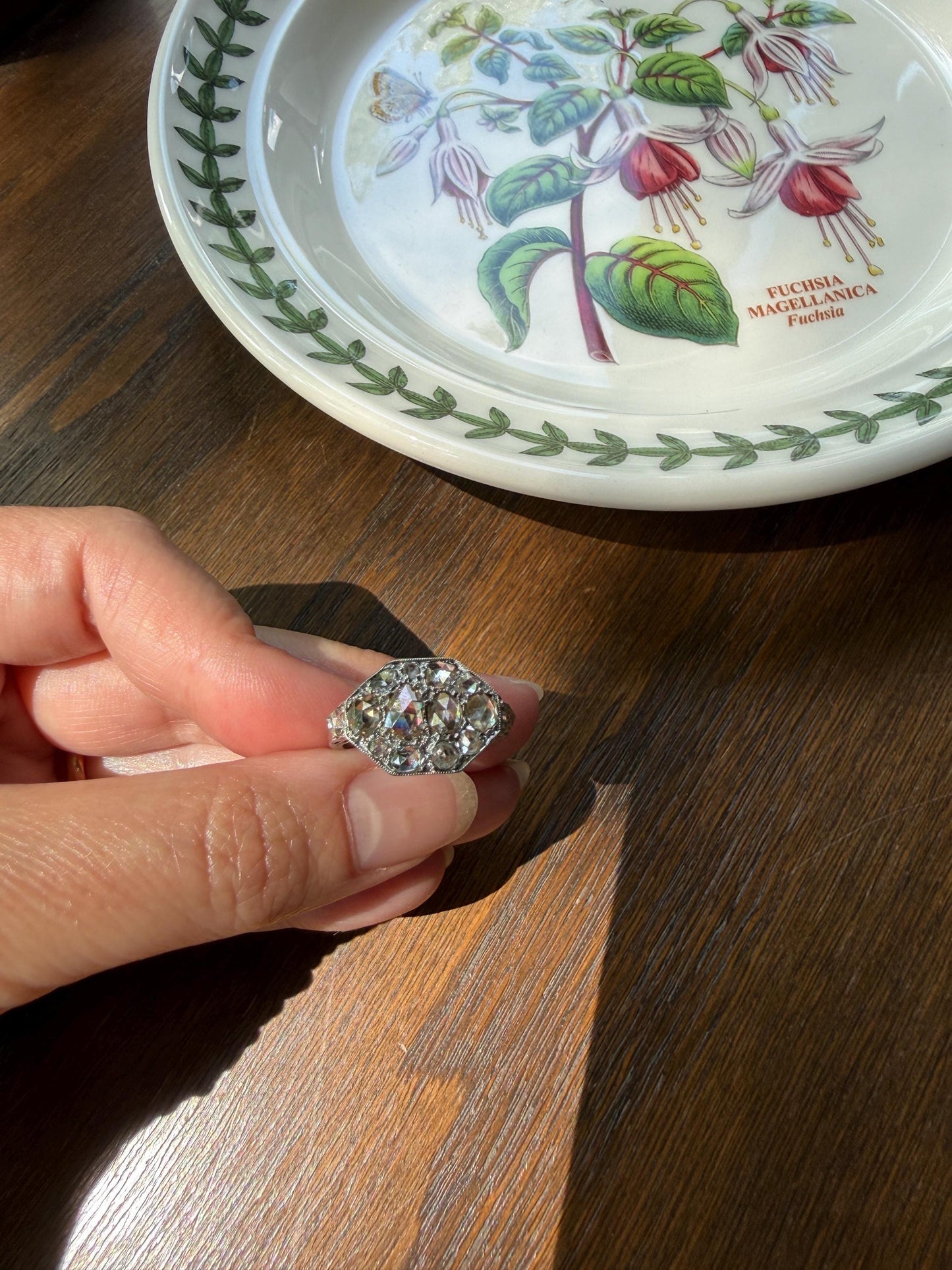 Large Antique Rose Cut Diamond Cobblestone Hexagon Panel Ring PLATINUM French Edwardian Pear & Round Domed Old Cuts Filigree Shield Cluster