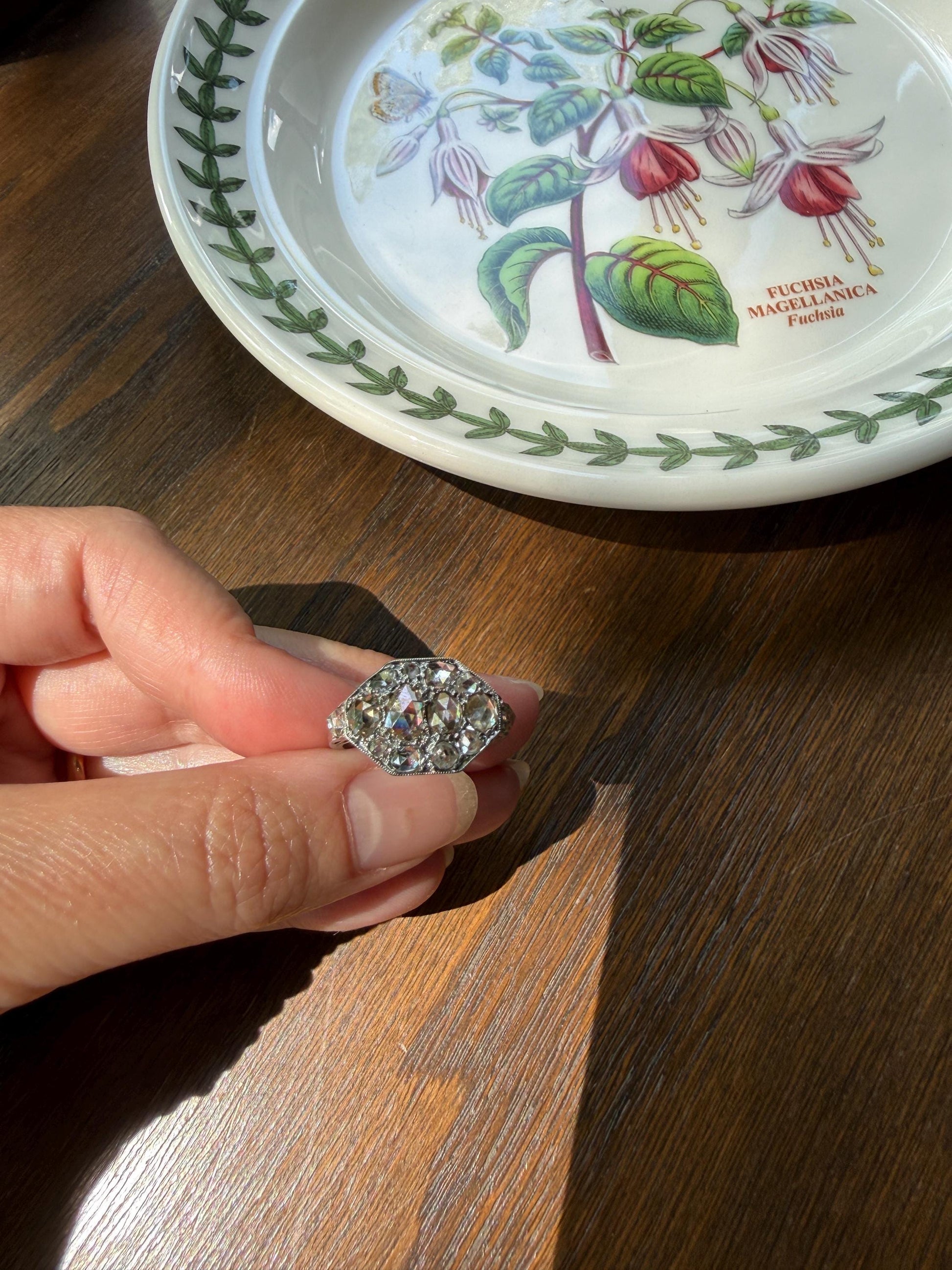 Large Antique Rose Cut Diamond Cobblestone Hexagon Panel Ring PLATINUM French Edwardian Pear & Round Domed Old Cuts Filigree Shield Cluster