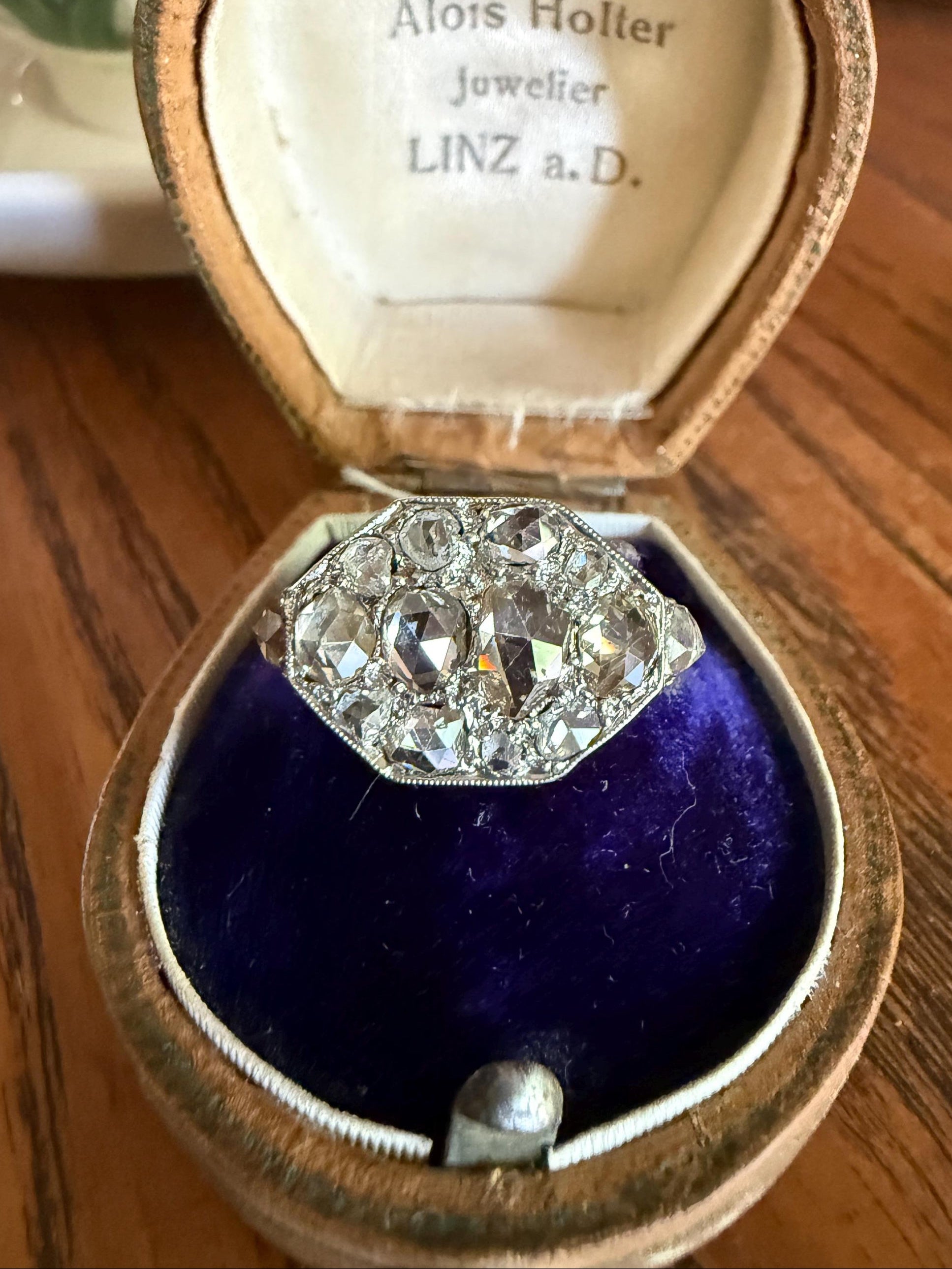 Large Antique Rose Cut Diamond Cobblestone Hexagon Panel Ring PLATINUM French Edwardian Pear & Round Domed Old Cuts Filigree Shield Cluster