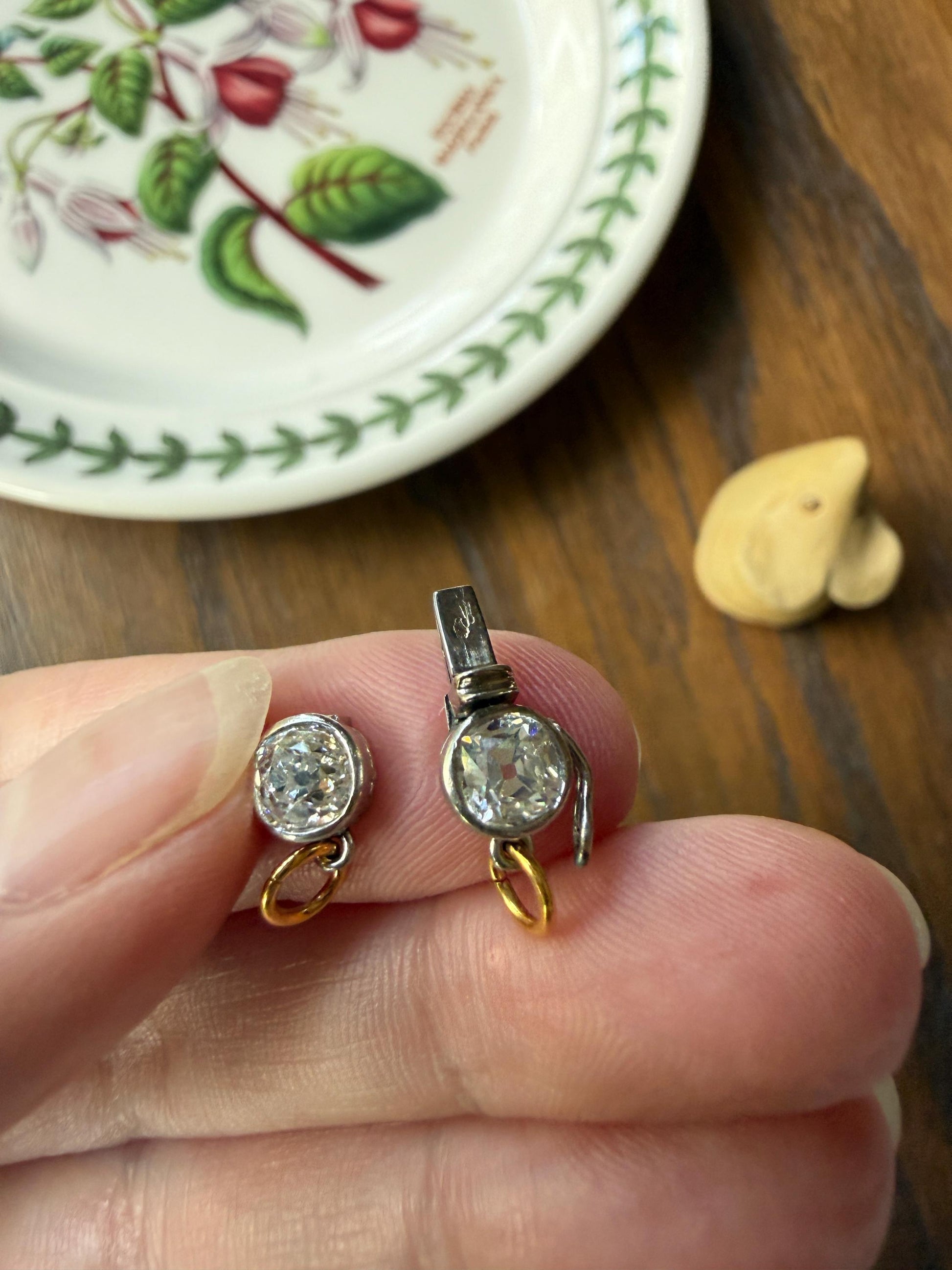French Antique 18k Gold Platinum 1.3 Carat Tdw Chunky Old Mine Cut DIAMOND Clasp Pendant Charm Parts Findings Extender Connector Art Deco