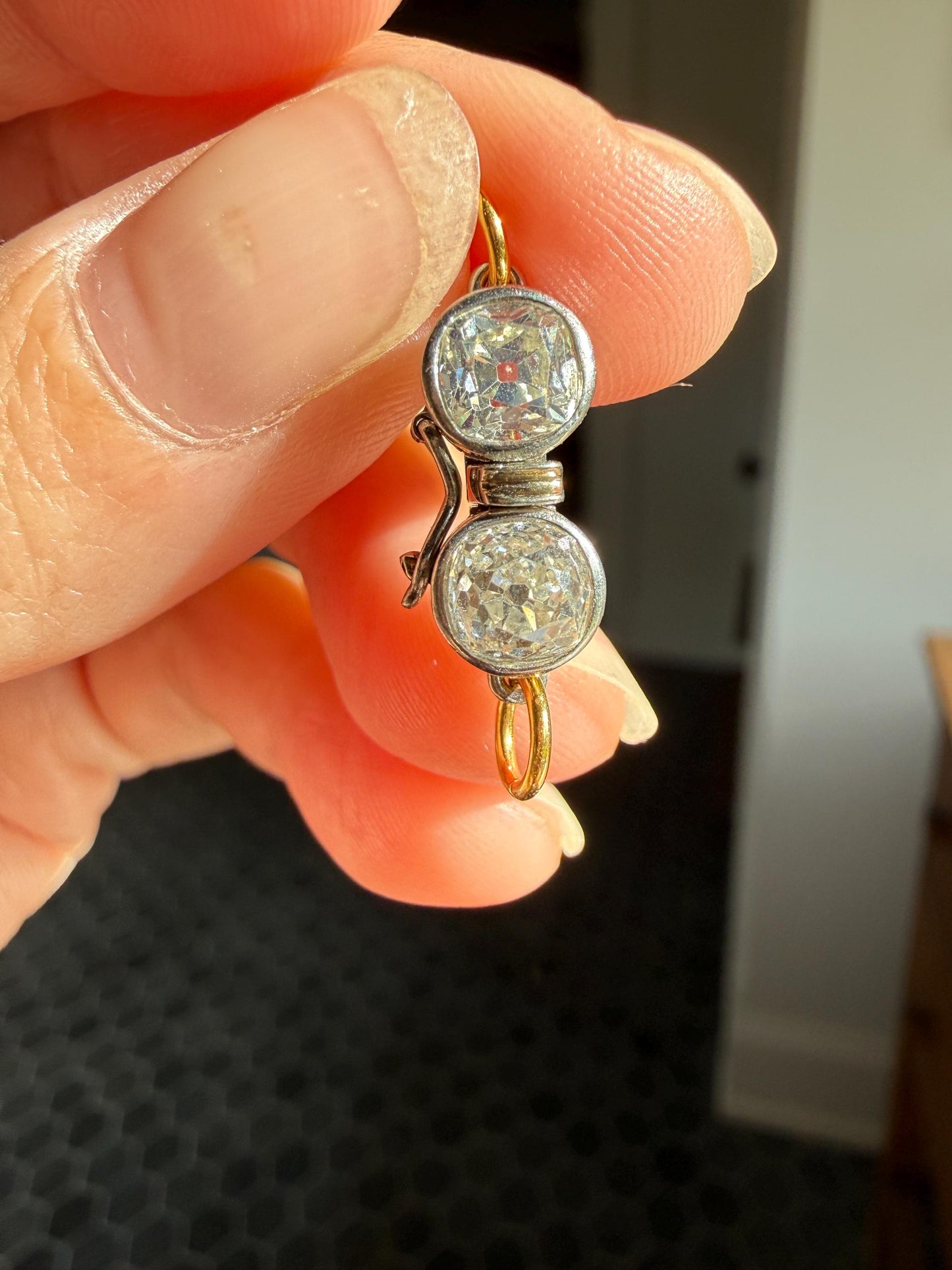 French Antique 18k Gold Platinum 1.3 Carat Tdw Chunky Old Mine Cut DIAMOND Clasp Pendant Charm Parts Findings Extender Connector Art Deco