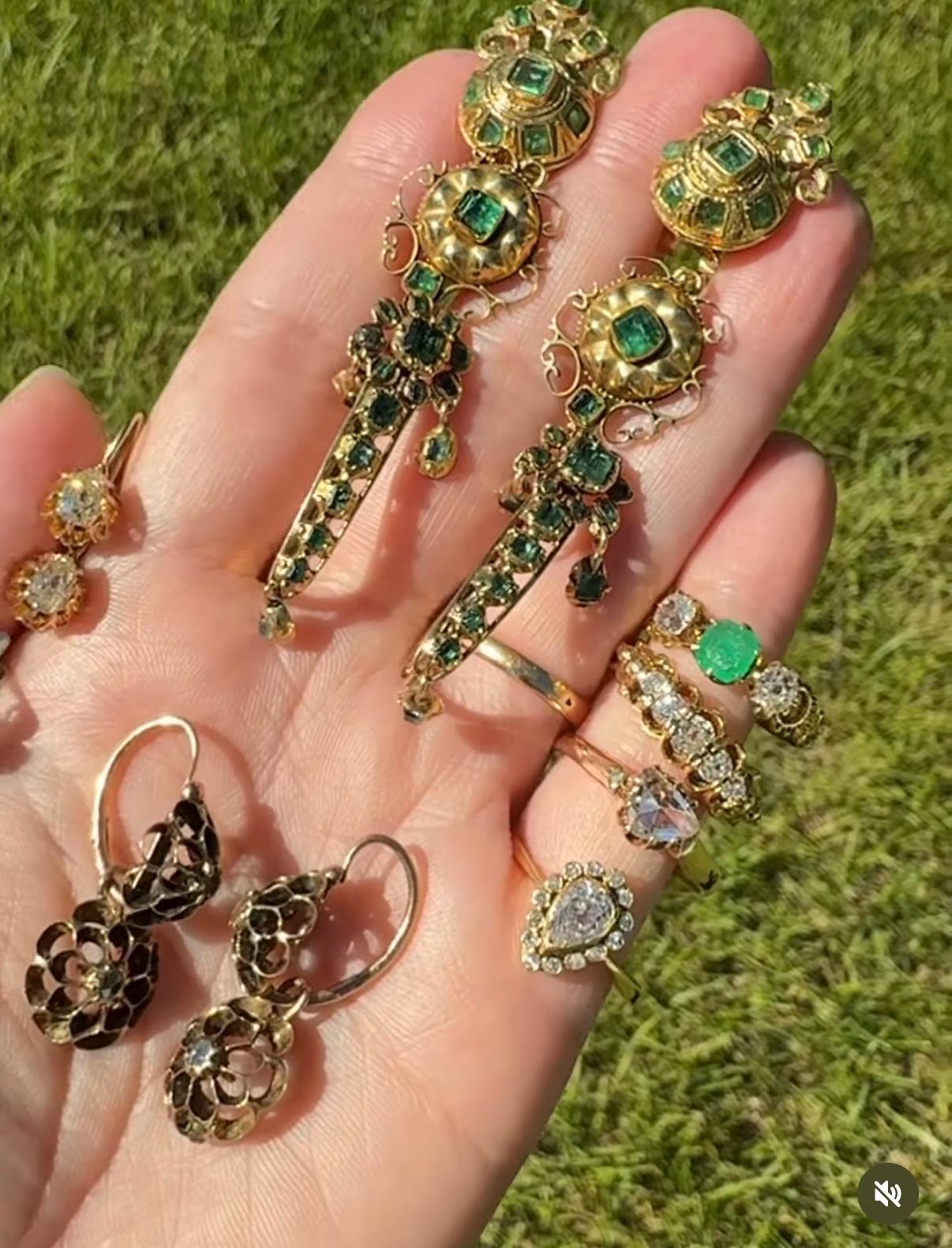 ANTIQUE Iberian Natural Square Cut EMERALD Georgian Era Floral Dangle Linear Earrings Boxed 18k Gold Hand Made Baroque Green