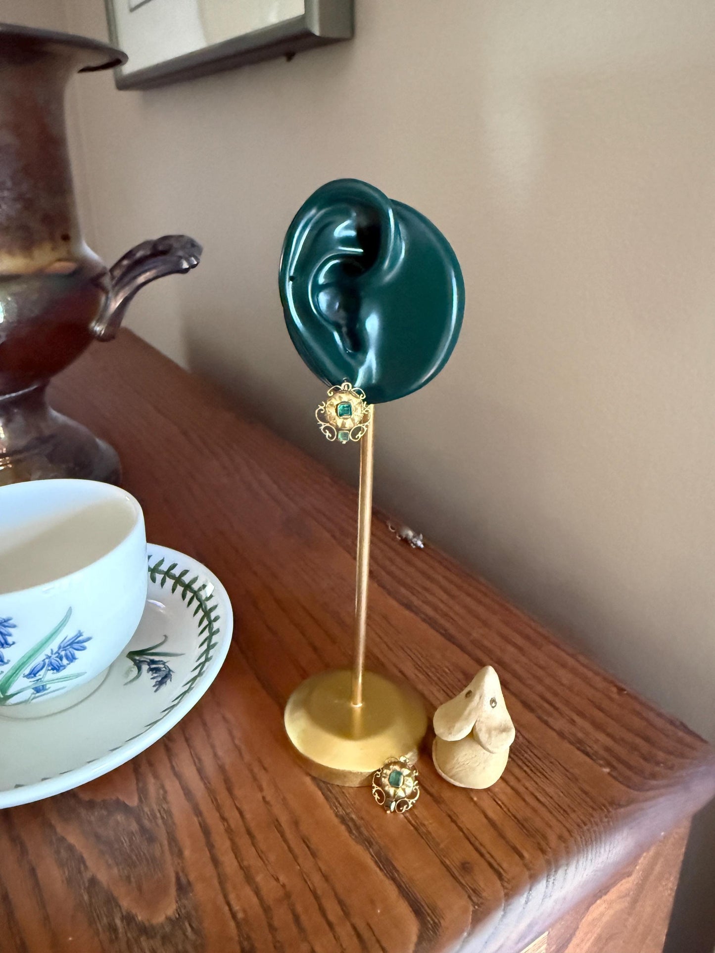 ANTIQUE Iberian Natural Square Cut EMERALD Georgian Era Floral Scrolling Dormeuse Earrings 18k Gold Hand Made Baroque Green