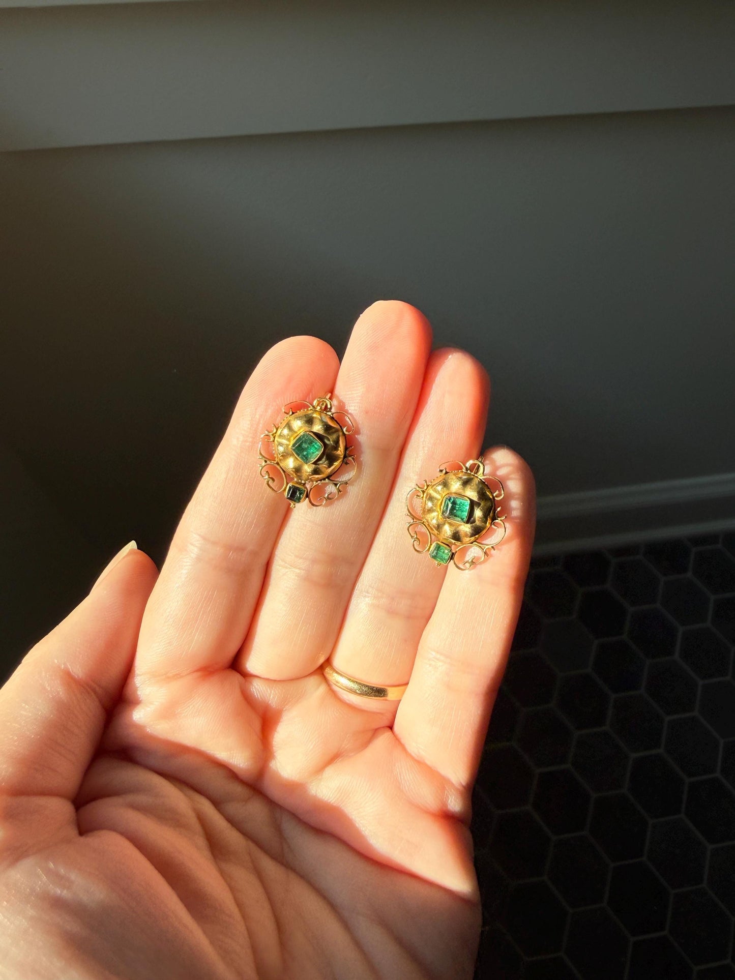 ANTIQUE Iberian Natural Square Cut EMERALD Georgian Era Floral Scrolling Dormeuse Earrings 18k Gold Hand Made Baroque Green