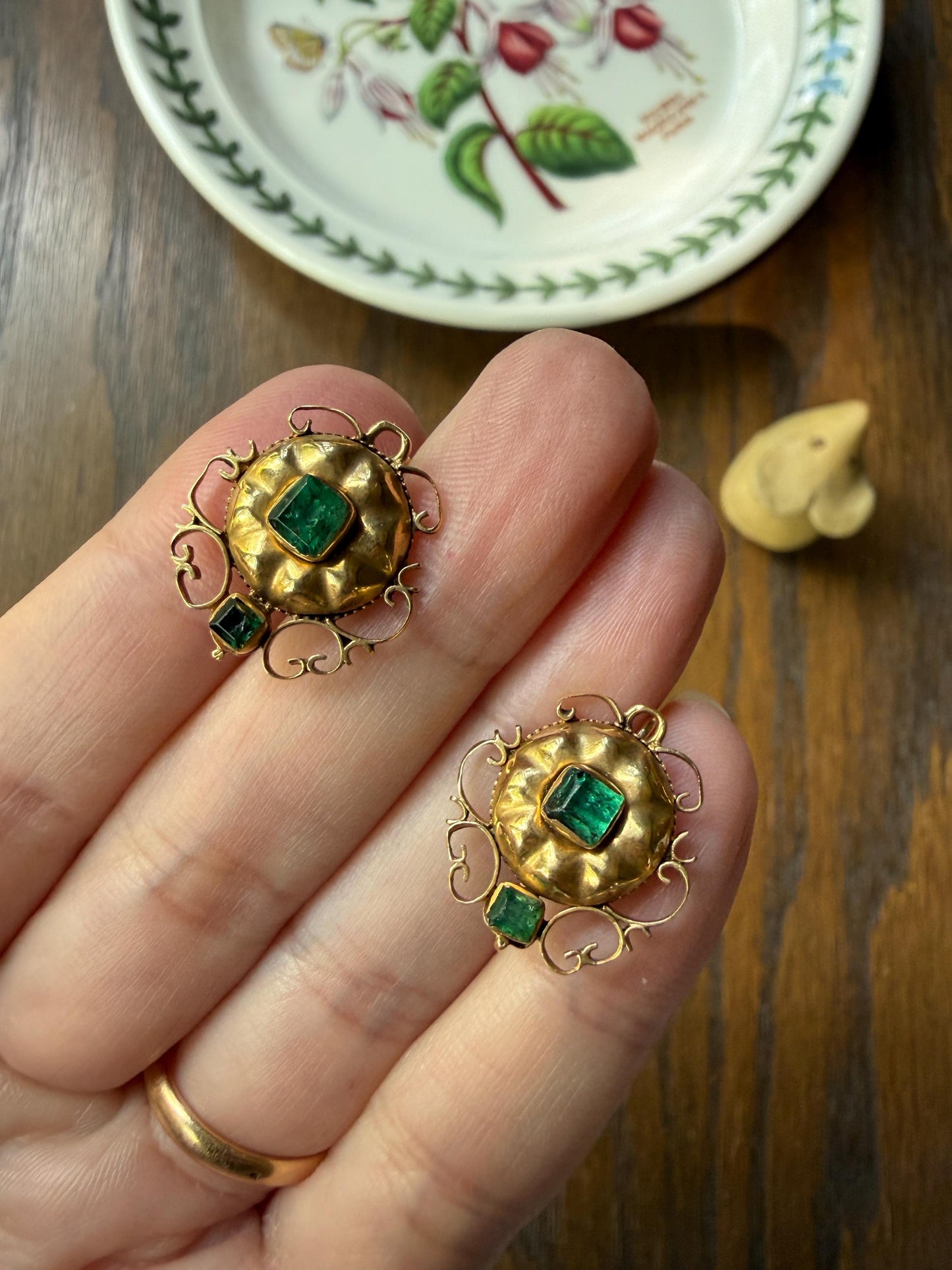 ANTIQUE Iberian Natural Square Cut EMERALD Georgian Era Floral Scrolling Dormeuse Earrings 18k Gold Hand Made Baroque Green