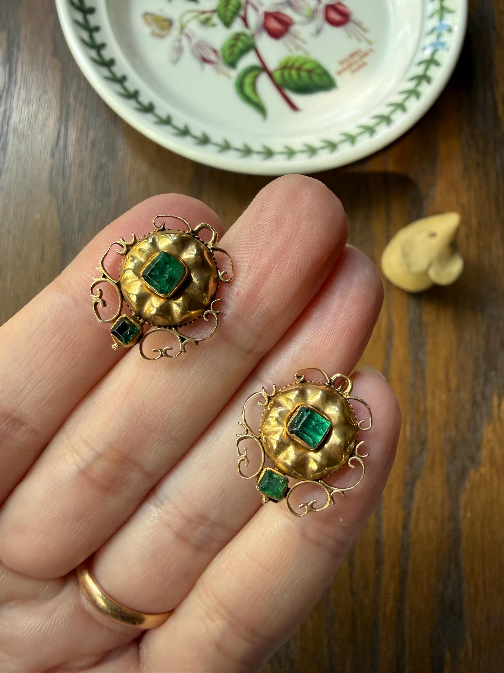 ANTIQUE Iberian Natural Square Cut EMERALD Georgian Era Floral Scrolling Dormeuse Earrings 18k Gold Hand Made Baroque Green