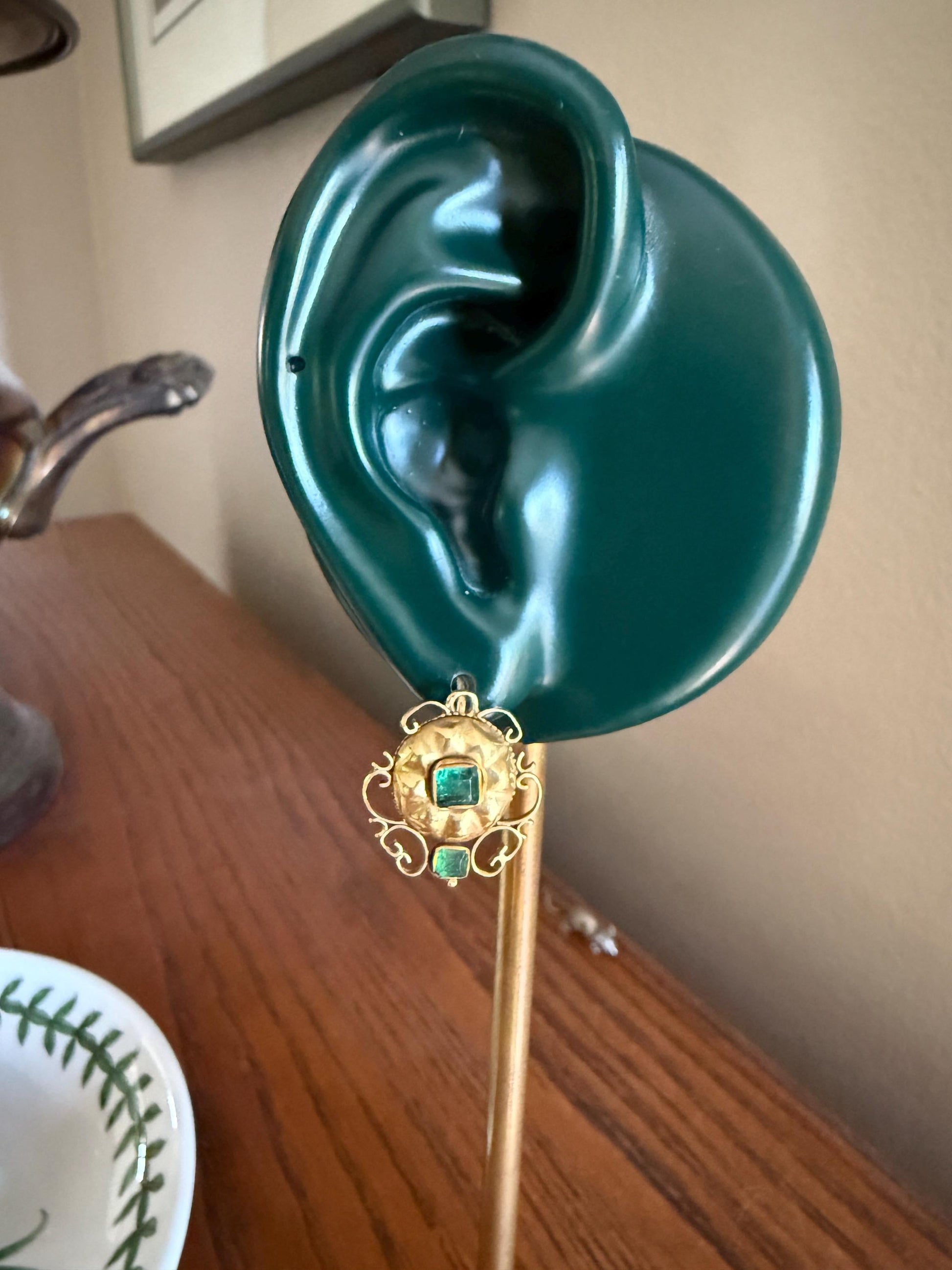 ANTIQUE Iberian Natural Square Cut EMERALD Georgian Era Floral Scrolling Dormeuse Earrings 18k Gold Hand Made Baroque Green