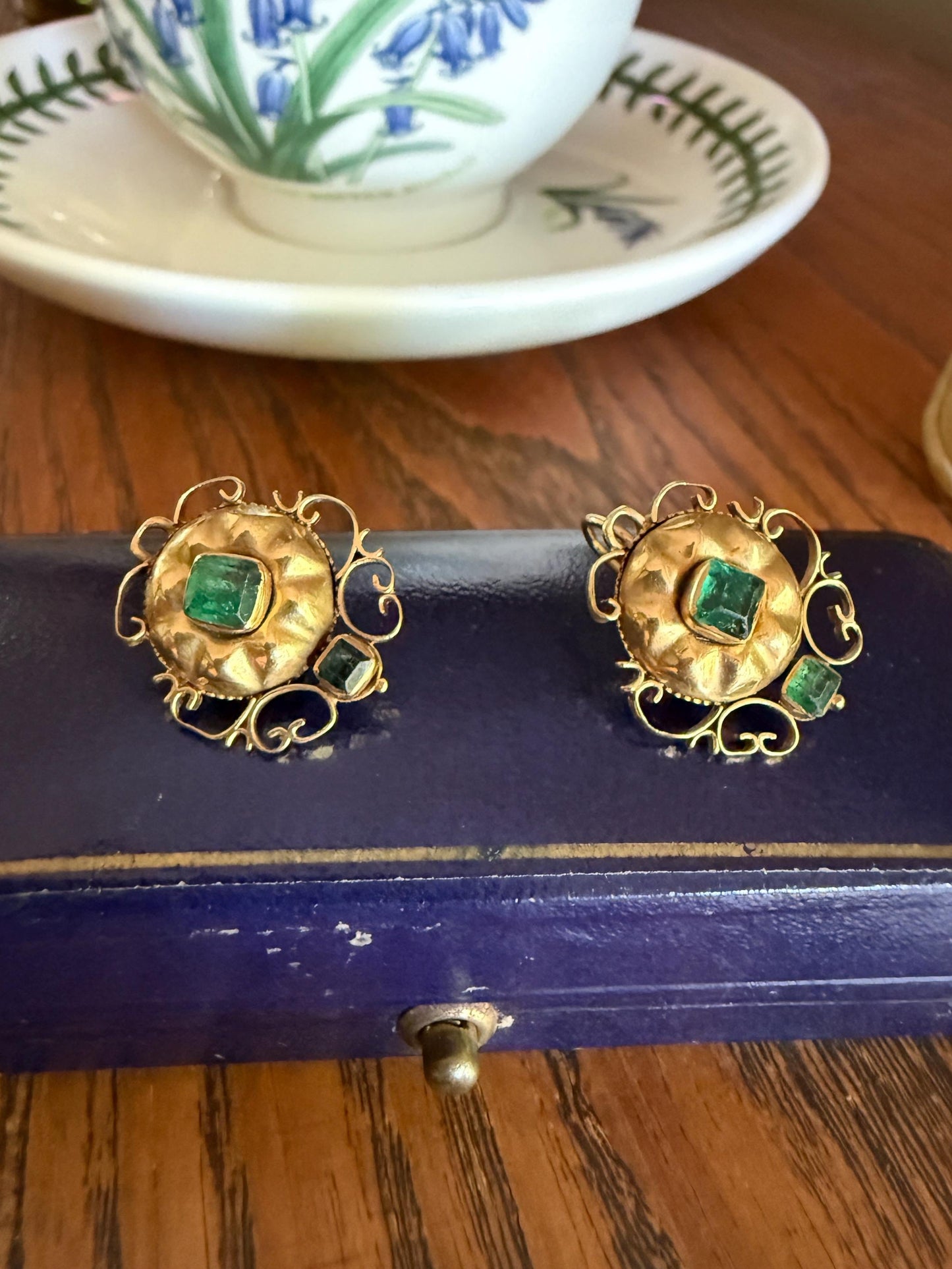 ANTIQUE Iberian Natural Square Cut EMERALD Georgian Era Floral Scrolling Dormeuse Earrings 18k Gold Hand Made Baroque Green