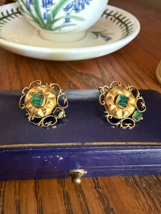ANTIQUE Iberian Natural Square Cut EMERALD Georgian Era Floral Scrolling Dormeuse Earrings 18k Gold Hand Made Baroque Green