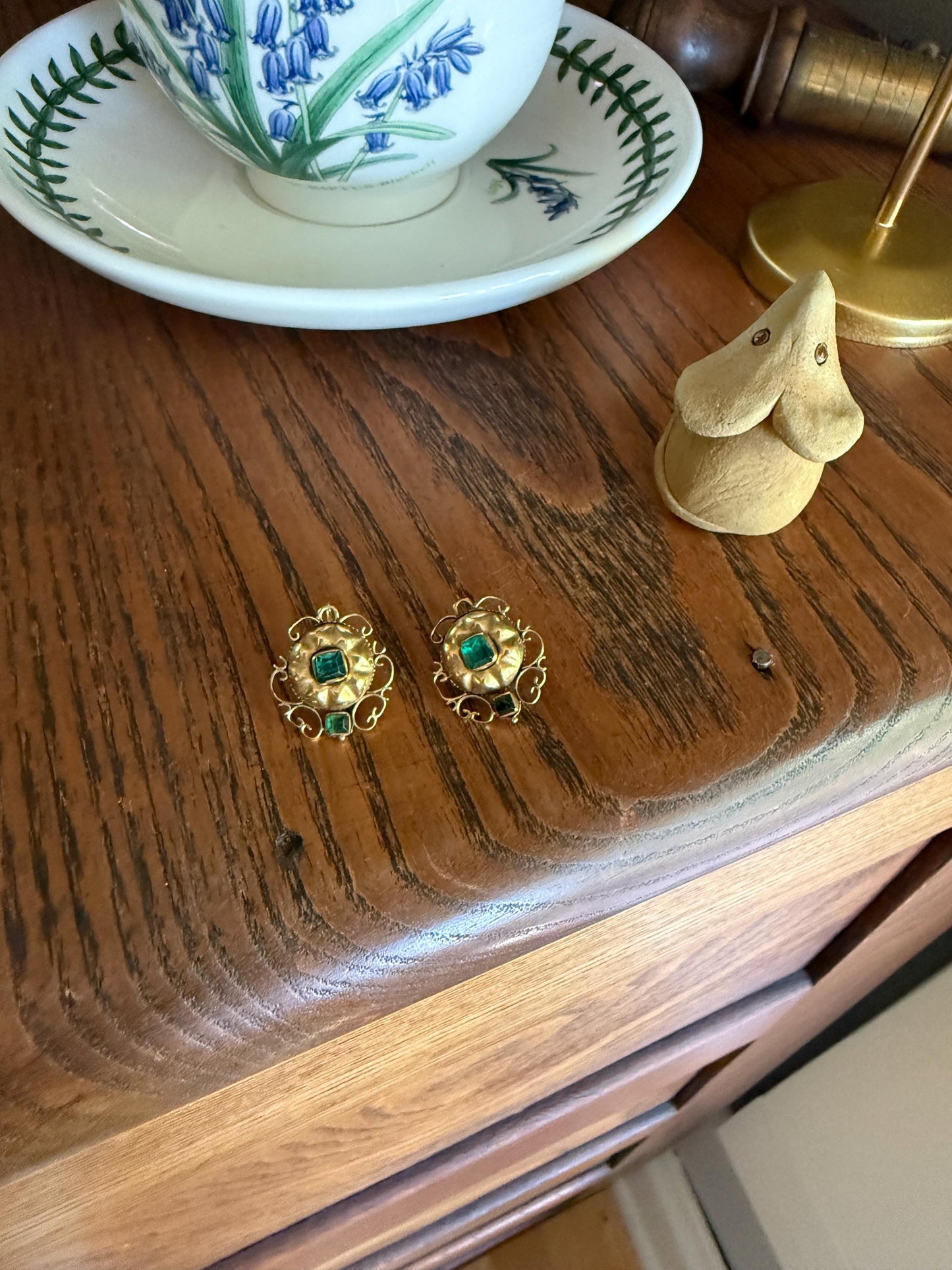 ANTIQUE Iberian Natural Square Cut EMERALD Georgian Era Floral Scrolling Dormeuse Earrings 18k Gold Hand Made Baroque Green