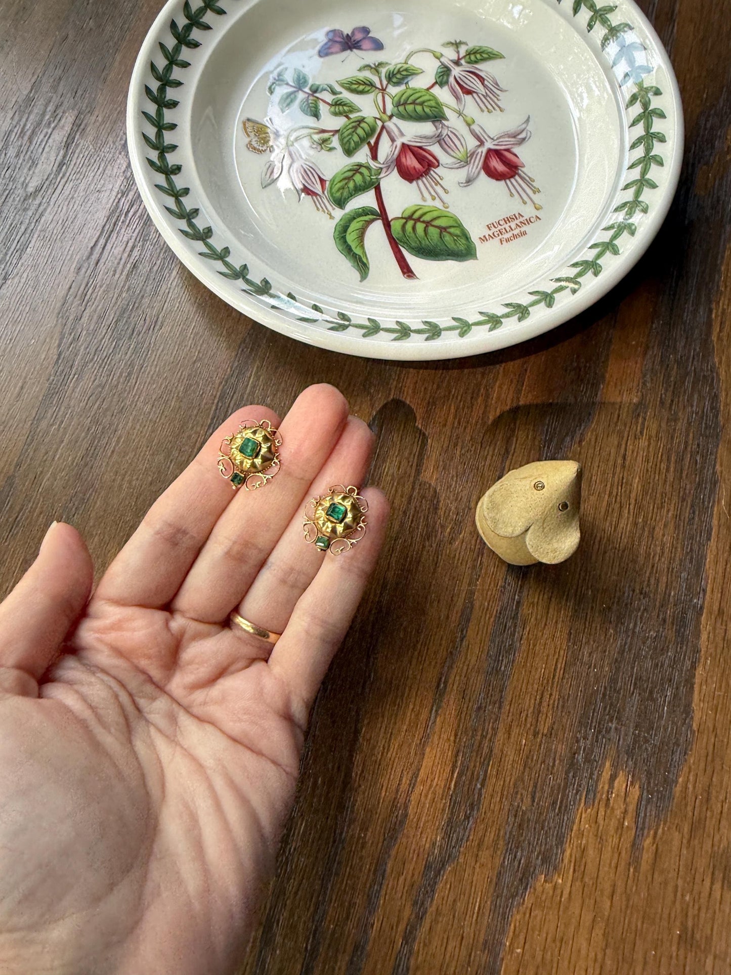 ANTIQUE Iberian Natural Square Cut EMERALD Georgian Era Floral Scrolling Dormeuse Earrings 18k Gold Hand Made Baroque Green