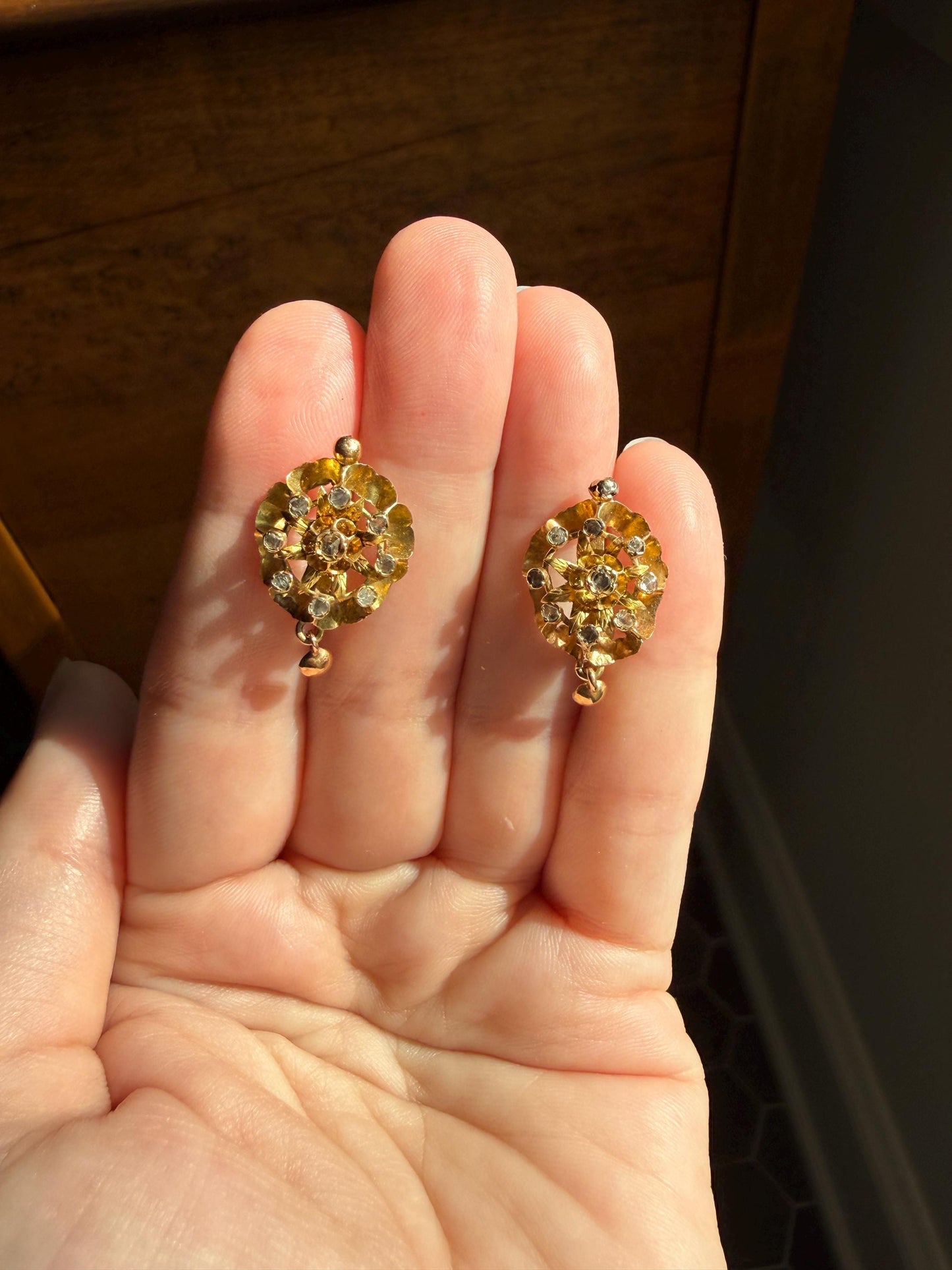 STAR Floral Antique Iberian Earrings Georgian Era 18k Gold Figural Rose Cut Diamond Starburst 3D Traditional Spanish Regional