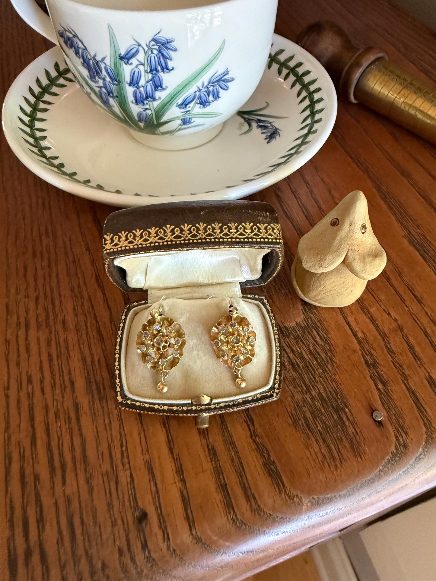 STAR Floral Antique Iberian Earrings Georgian Era 18k Gold Figural Rose Cut Diamond Starburst 3D Traditional Spanish Regional