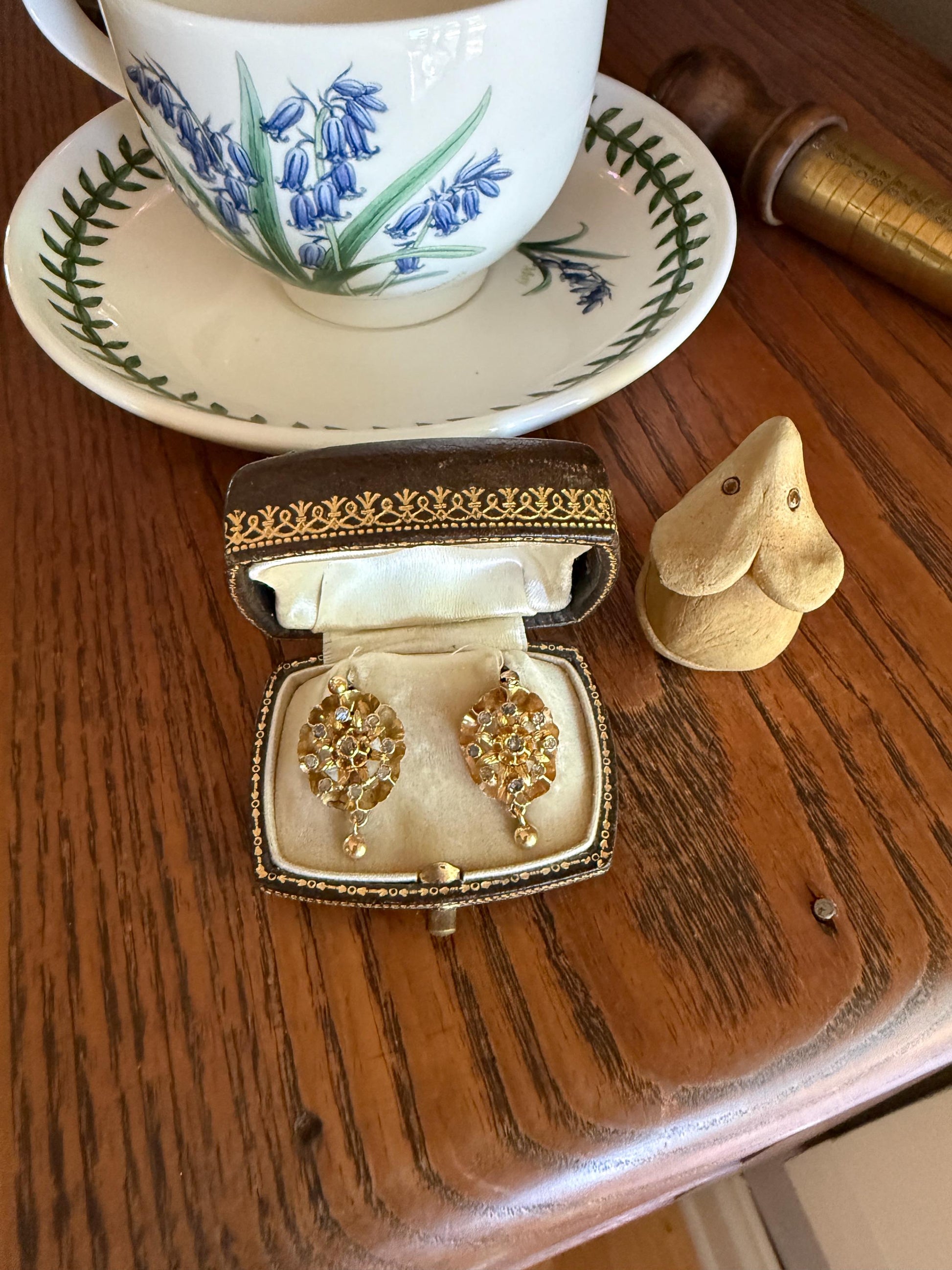 STAR Floral Antique Iberian Earrings Georgian Era 18k Gold Figural Rose Cut Diamond Starburst 3D Traditional Spanish Regional
