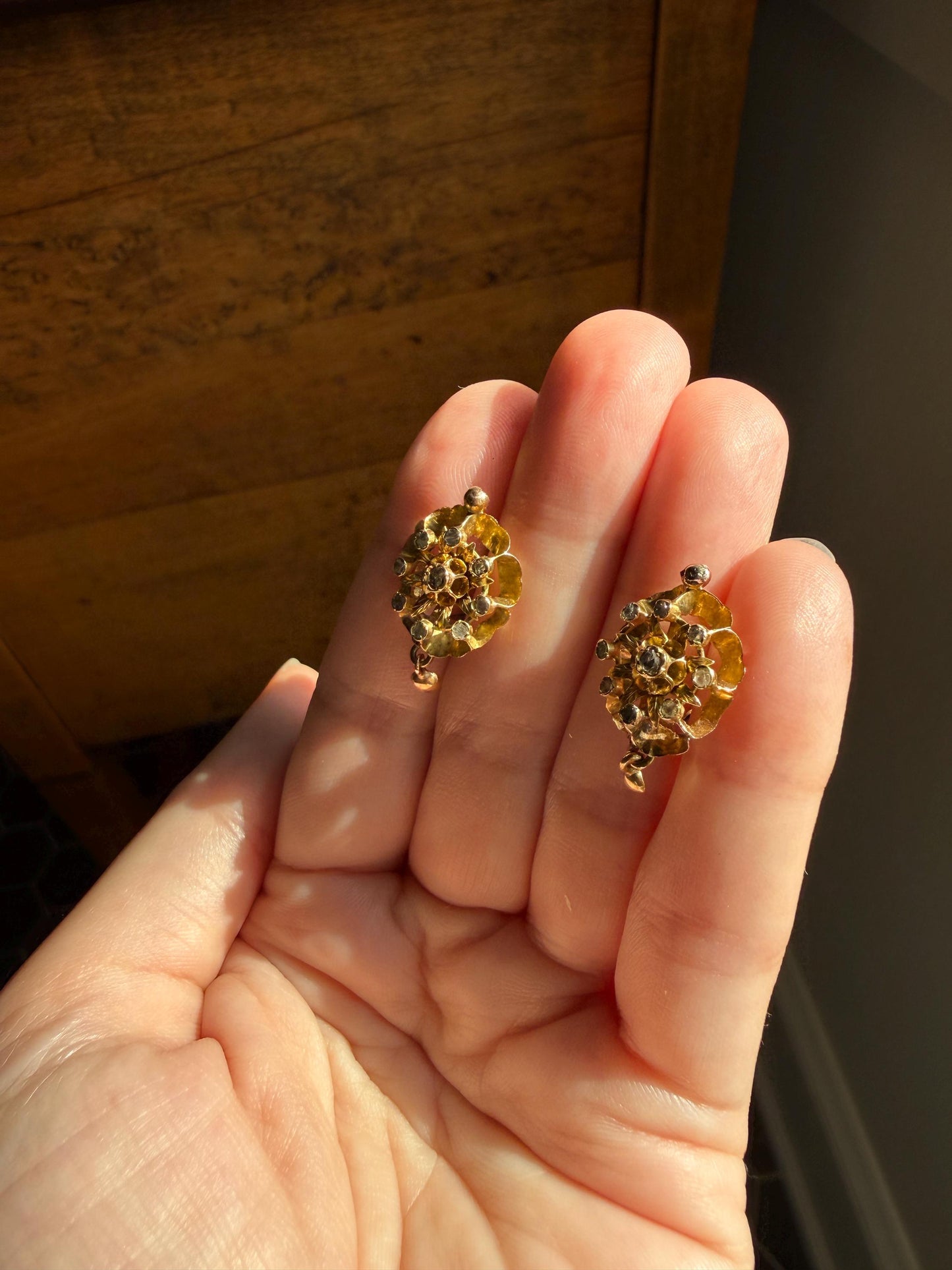 STAR Floral Antique Iberian Earrings Georgian Era 18k Gold Figural Rose Cut Diamond Starburst 3D Traditional Spanish Regional