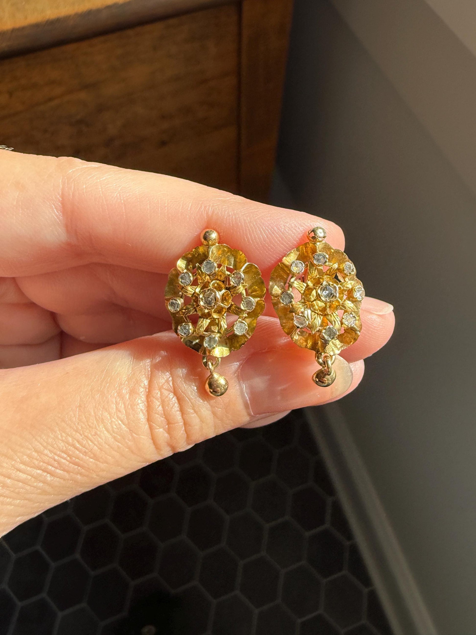 STAR Floral Antique Iberian Earrings Georgian Era 18k Gold Figural Rose Cut Diamond Starburst 3D Traditional Spanish Regional