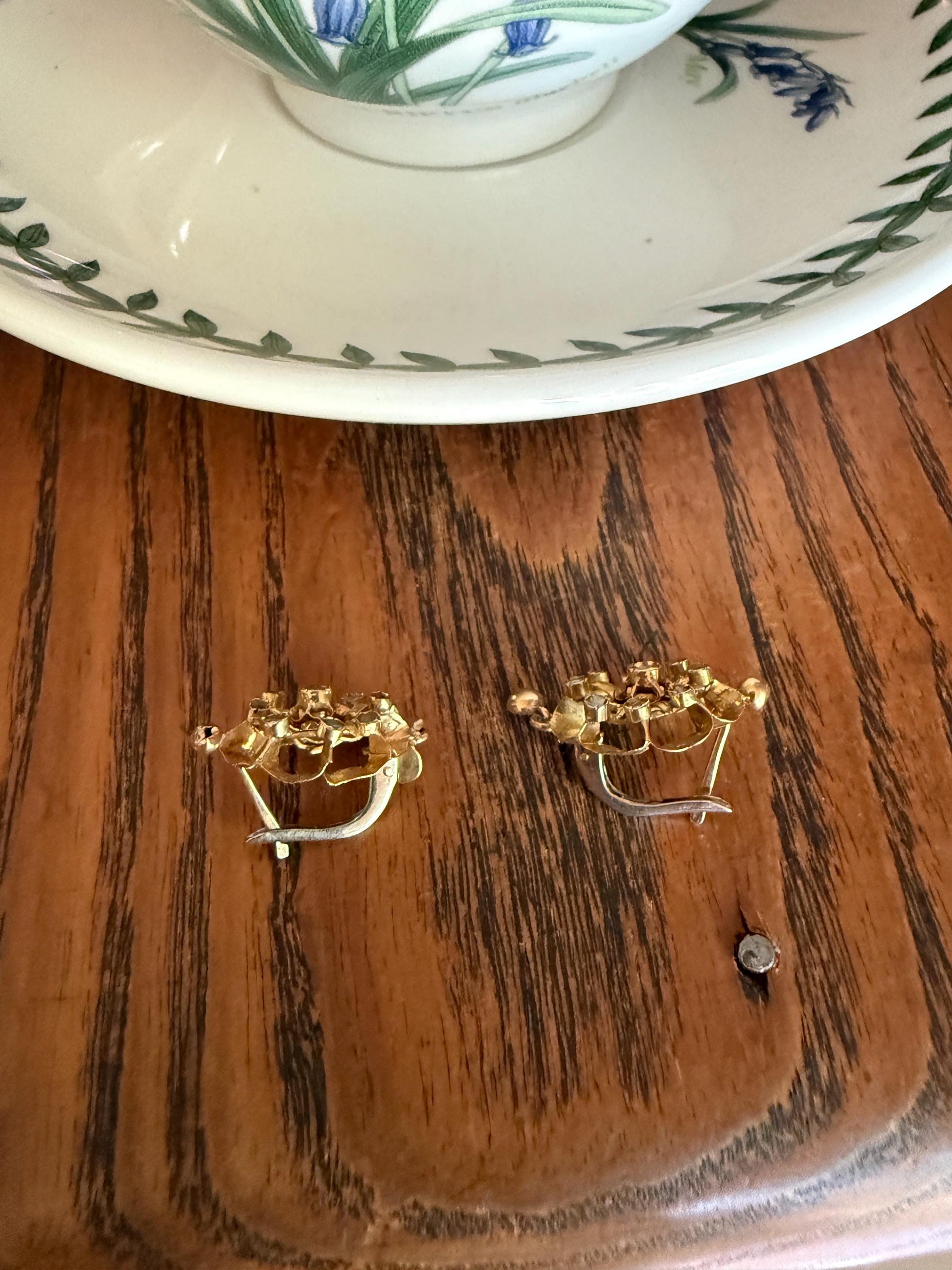 STAR Floral Antique Iberian Earrings Georgian Era 18k Gold Figural Rose Cut Diamond Starburst 3D Traditional Spanish Regional