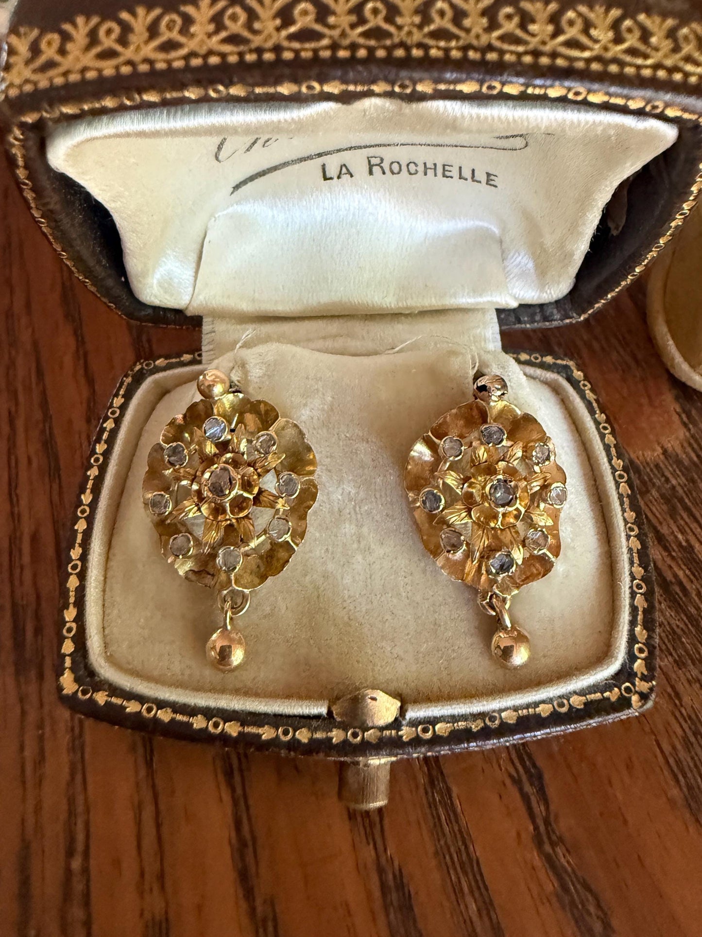 STAR Floral Antique Iberian Earrings Georgian Era 18k Gold Figural Rose Cut Diamond Starburst 3D Traditional Spanish Regional