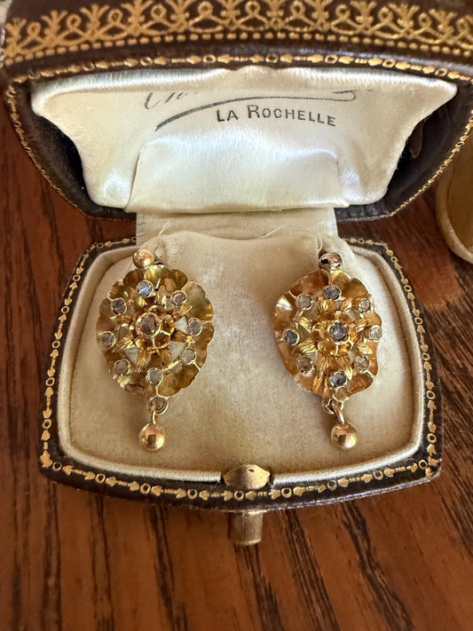 STAR Floral Antique Iberian Earrings Georgian Era 18k Gold Figural Rose Cut Diamond Starburst 3D Traditional Spanish Regional