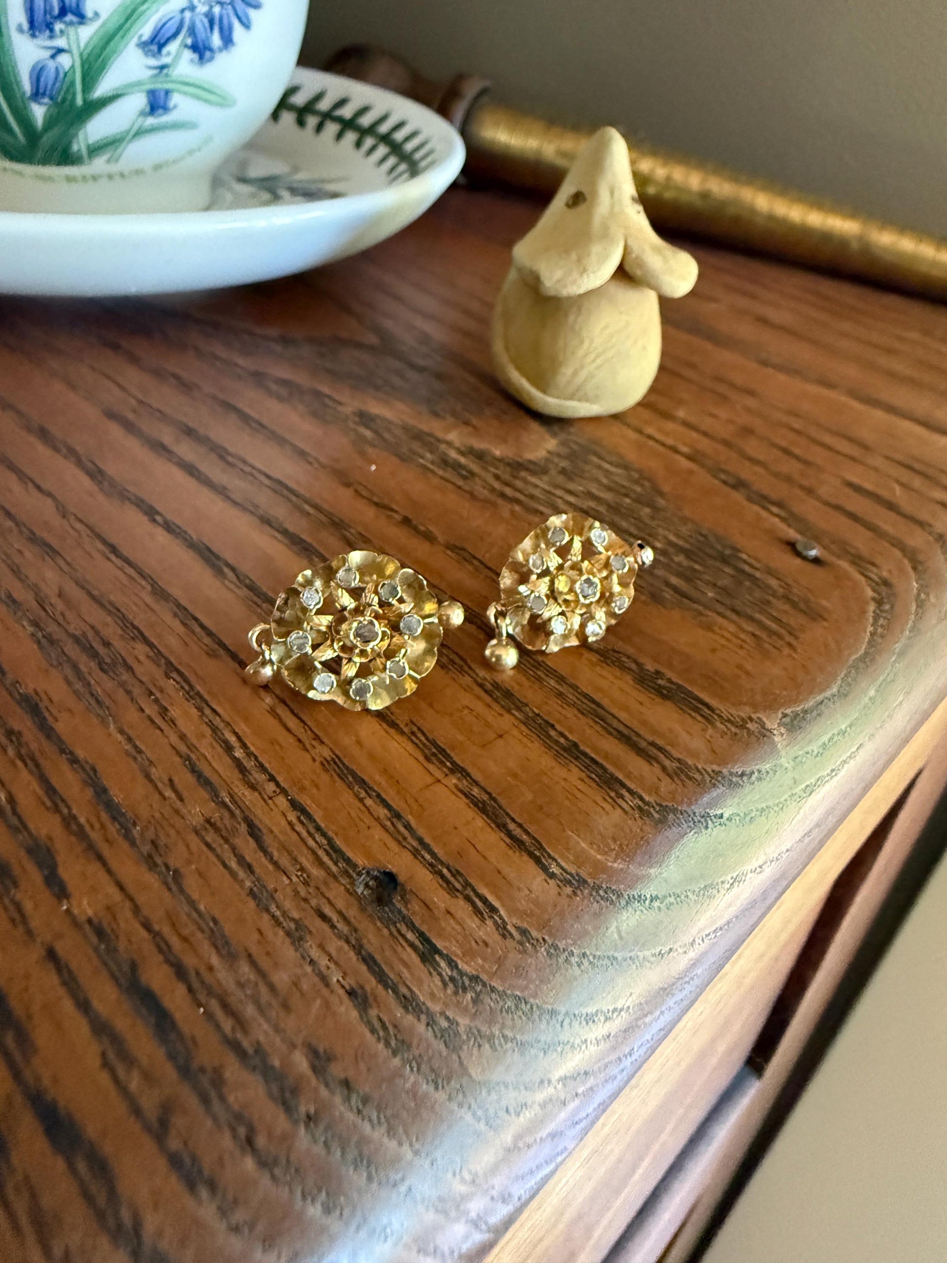 STAR Floral Antique Iberian Earrings Georgian Era 18k Gold Figural Rose Cut Diamond Starburst 3D Traditional Spanish Regional