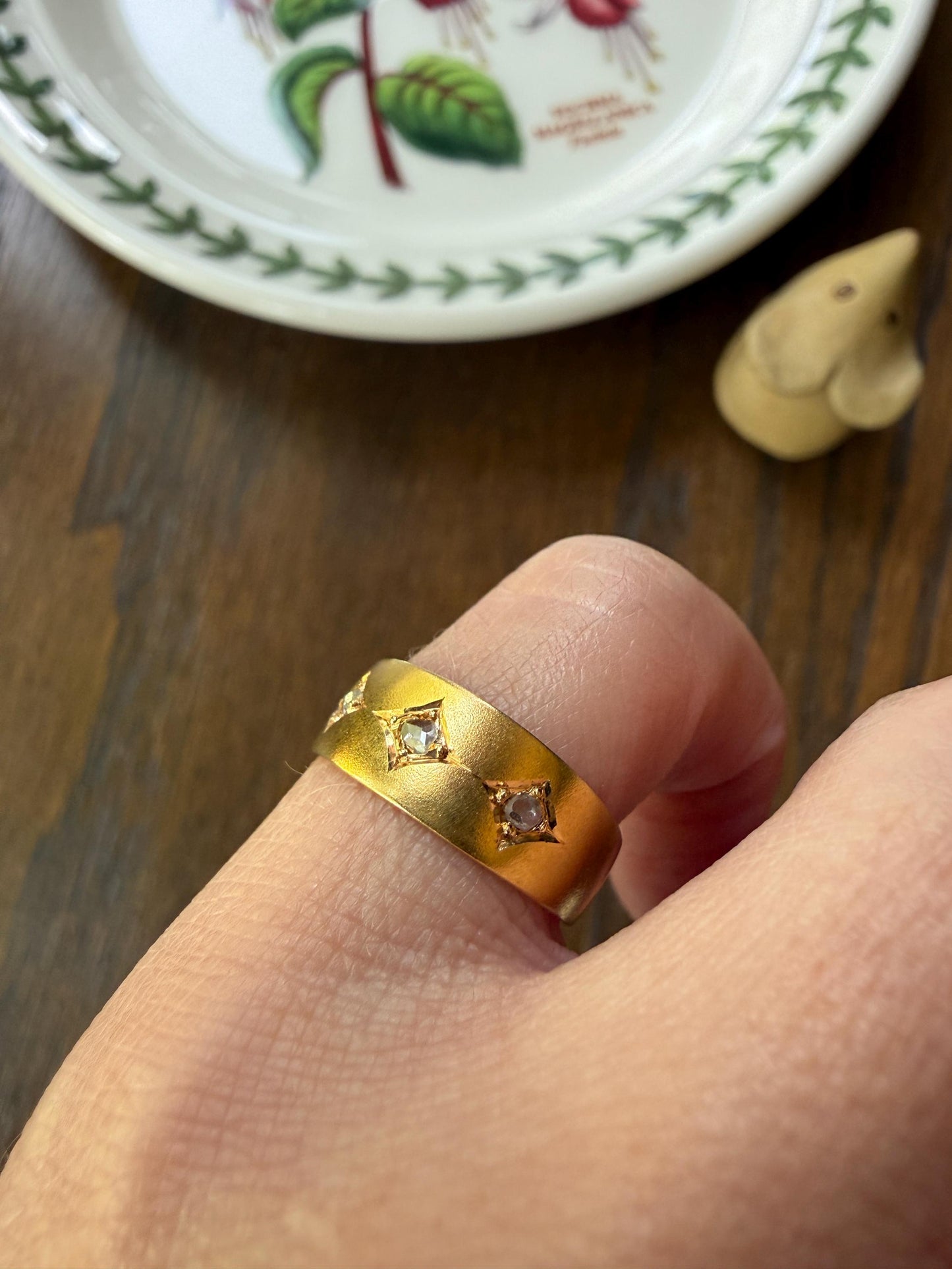 Antique Rose Cut DIAMOND Brushed Matte Finish 18k Gold Three Stone Ring Tapered Gypsy Cigar Band Geometric Stacker Pinky