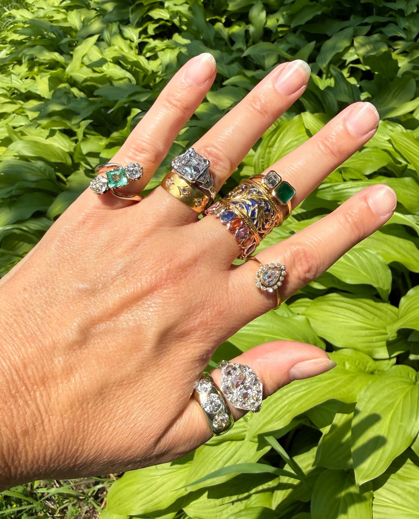 Antique Rose Cut DIAMOND Brushed Matte Finish 18k Gold Three Stone Ring Tapered Gypsy Cigar Band Geometric Stacker Pinky