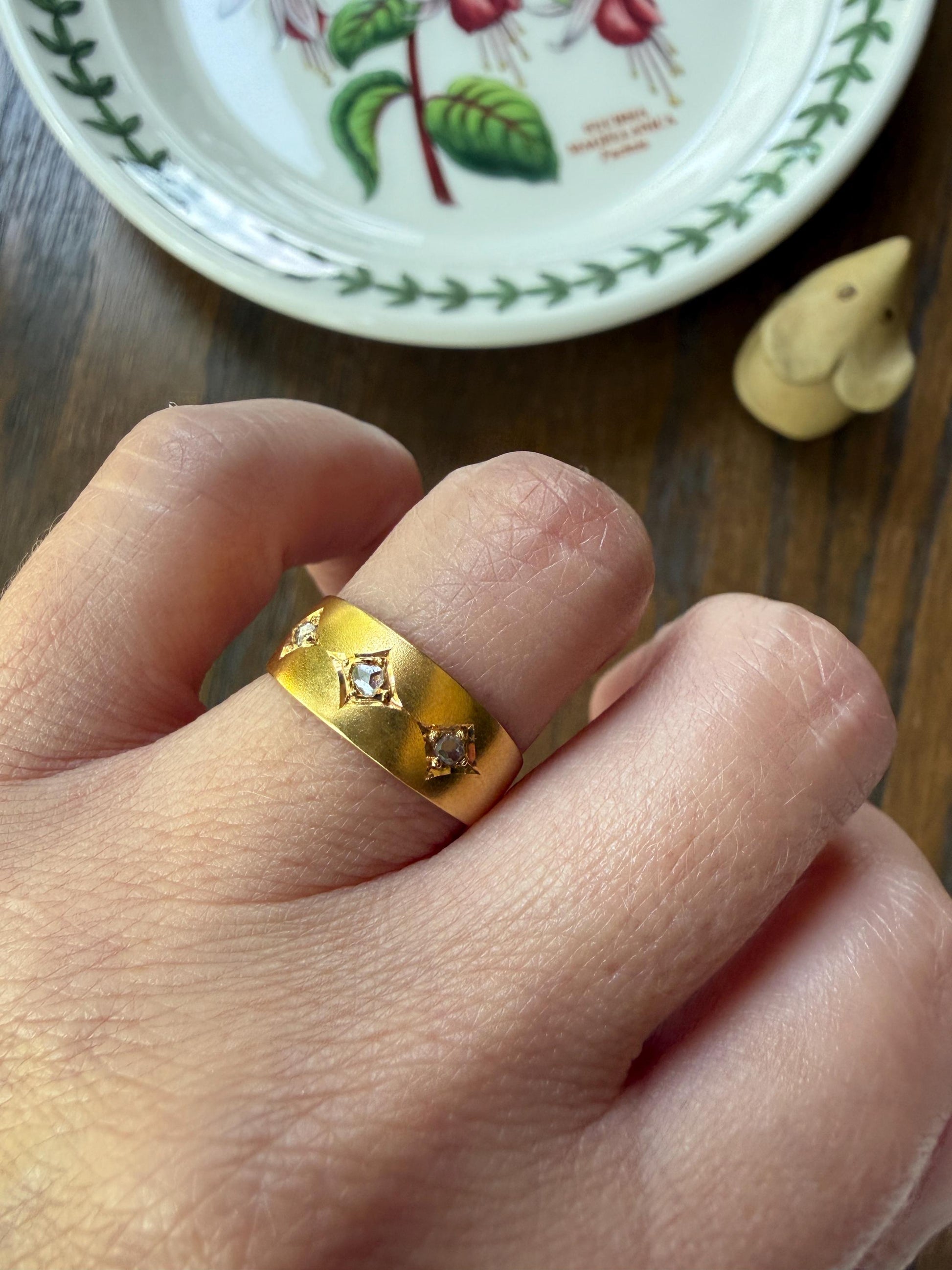Antique Rose Cut DIAMOND Brushed Matte Finish 18k Gold Three Stone Ring Tapered Gypsy Cigar Band Geometric Stacker Pinky