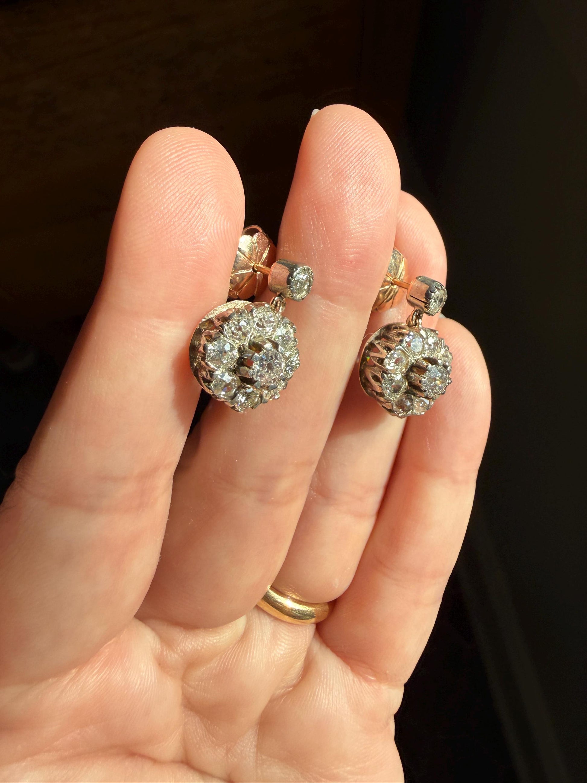 ANTIQUE 3 Carats Tdw Old Mine Brilliant Cut Diamond Daisy Cluster Dangle Earrings BOXED 10k Gold Silver 3Ctw