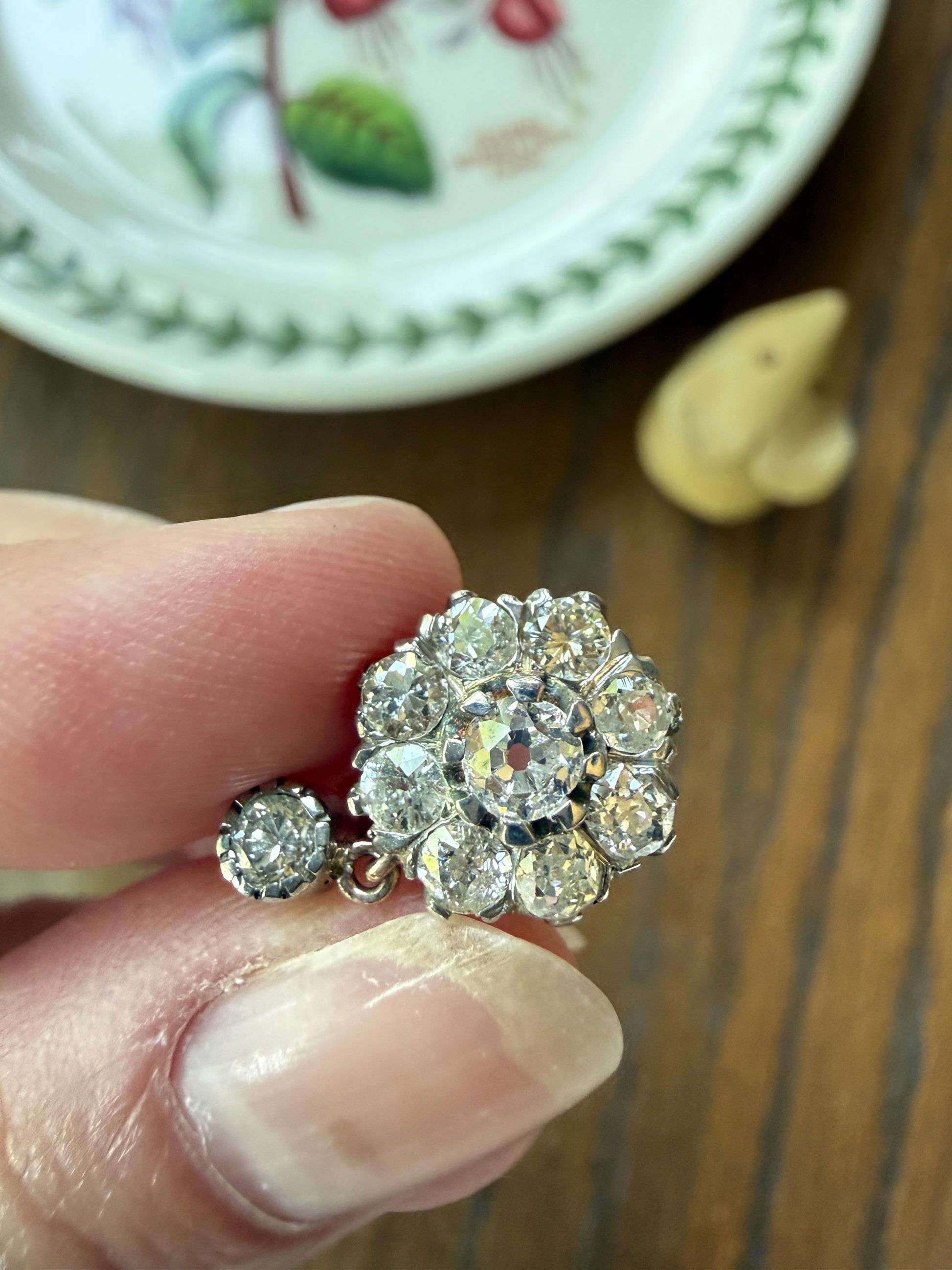 ANTIQUE 3 Carats Tdw Old Mine Brilliant Cut Diamond Daisy Cluster Dangle Earrings BOXED 10k Gold Silver 3Ctw