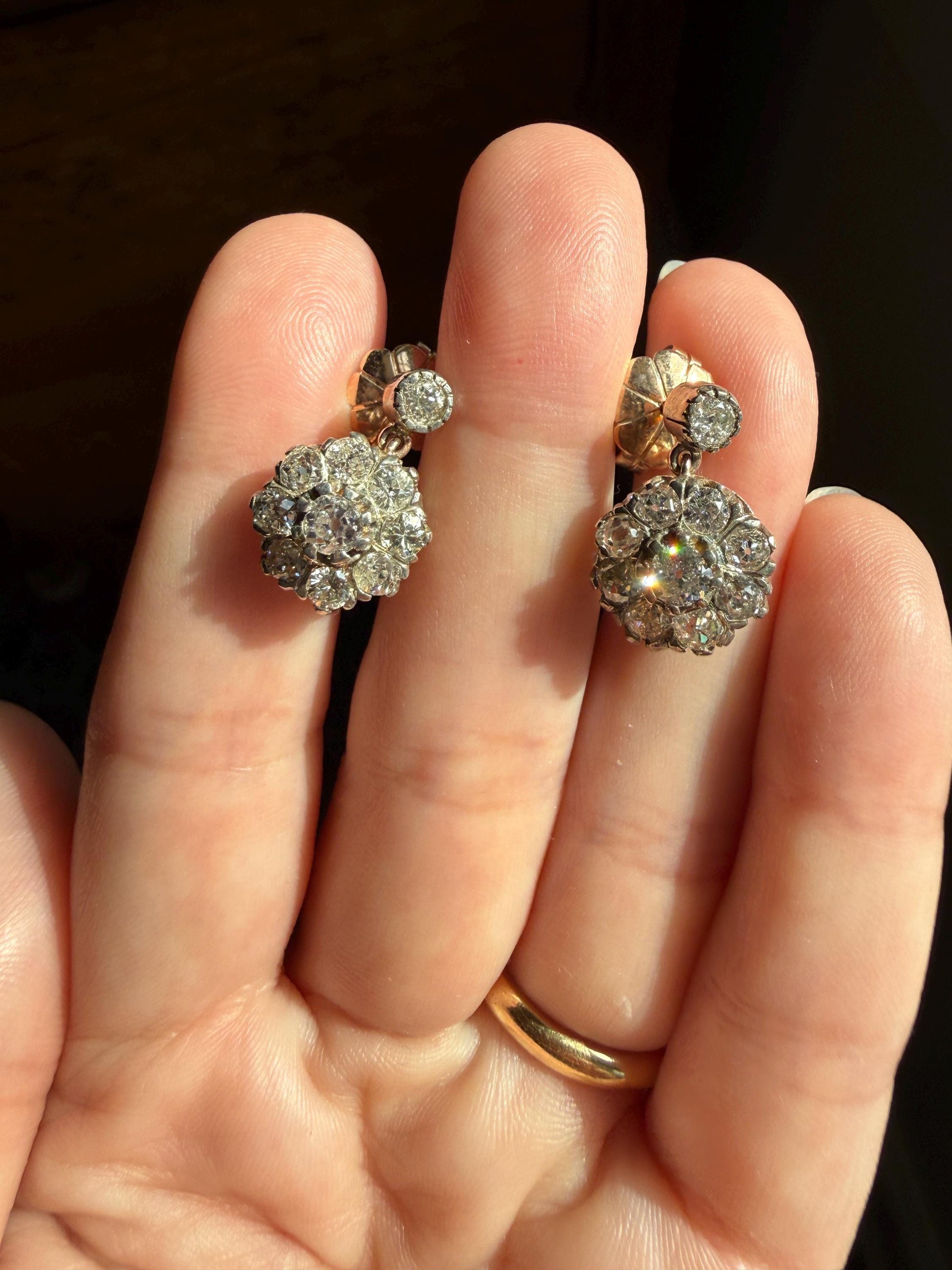 ANTIQUE 3 Carats Tdw Old Mine Brilliant Cut Diamond Daisy Cluster Dangle Earrings BOXED 10k Gold Silver 3Ctw