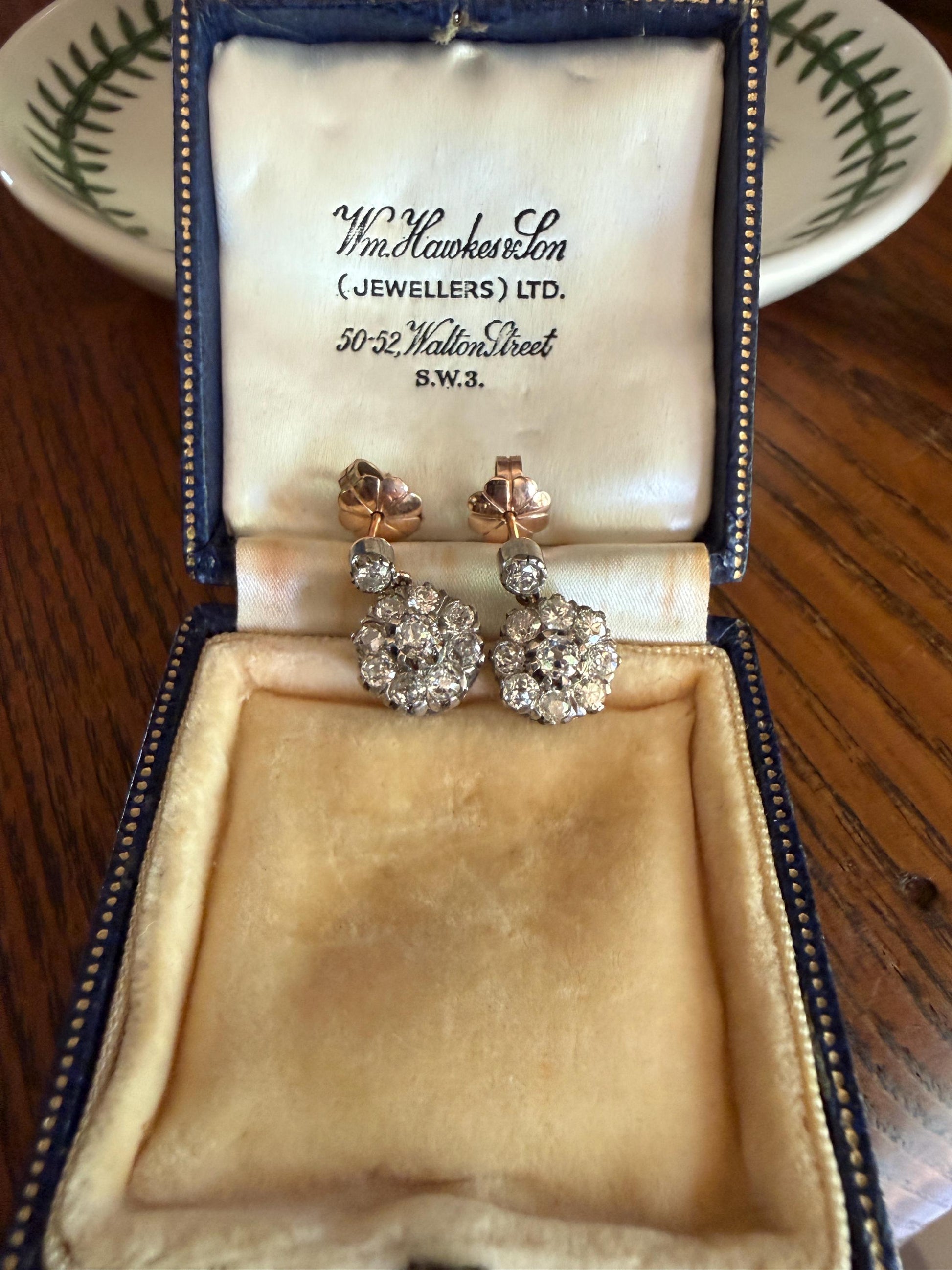 ANTIQUE 3 Carats Tdw Old Mine Brilliant Cut Diamond Daisy Cluster Dangle Earrings BOXED 10k Gold Silver 3Ctw