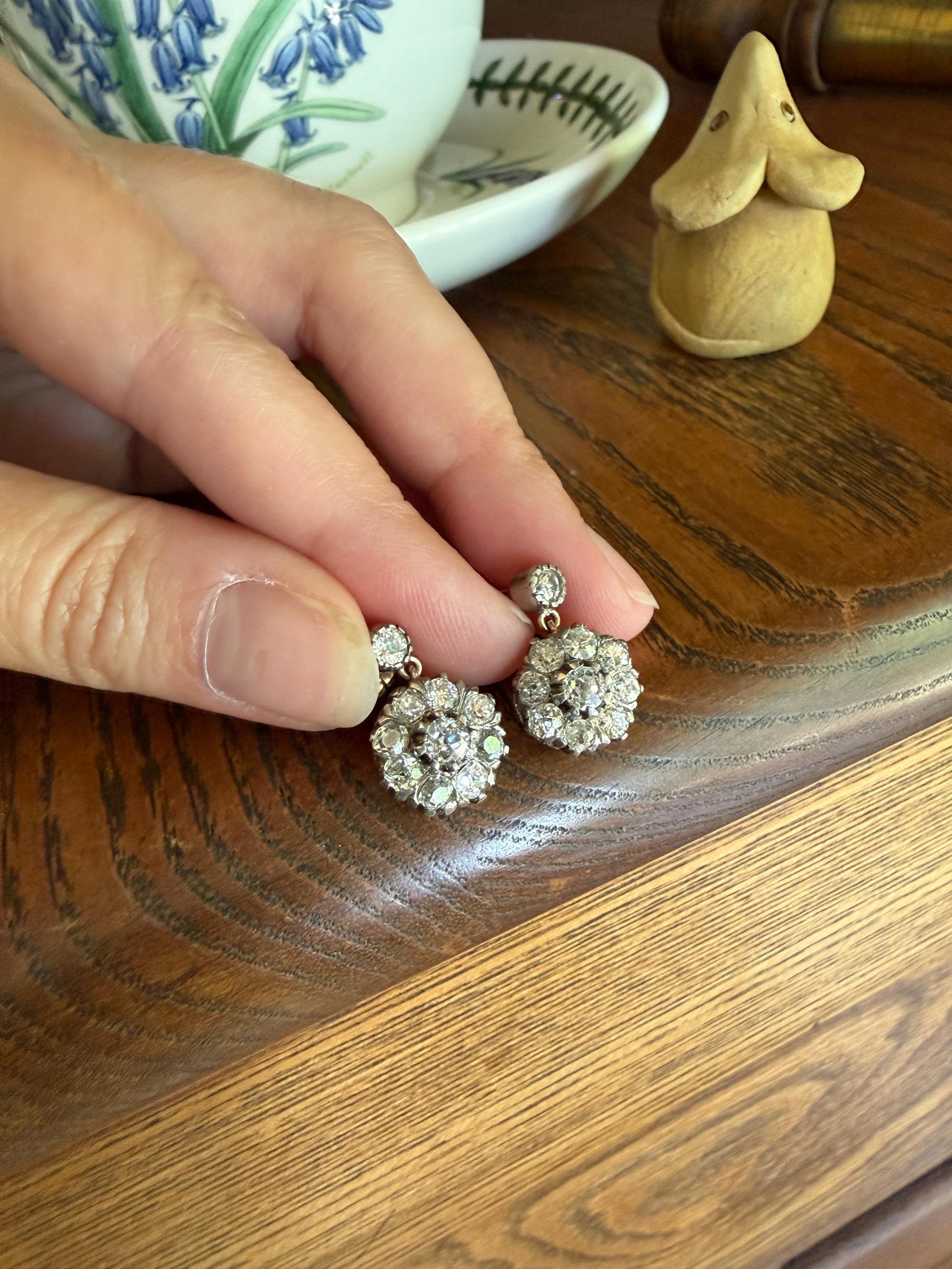 ANTIQUE 3 Carats Tdw Old Mine Brilliant Cut Diamond Daisy Cluster Dangle Earrings BOXED 10k Gold Silver 3Ctw