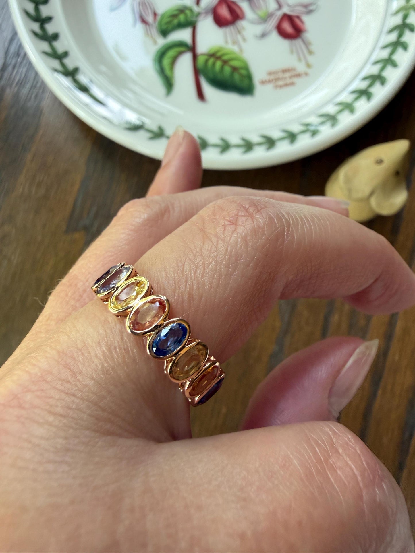 Natural Rainbow SAPPHIRES 3.5 Carats Oval Bezel Set Eternity Band 18k Rose Gold Ring Blue Yellow Green Pink