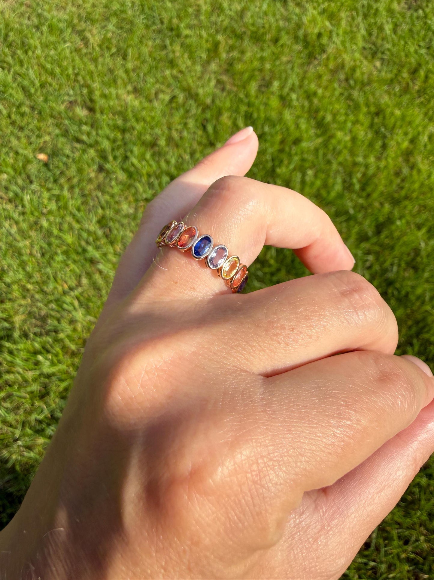 Natural Rainbow SAPPHIRES 3.5 Carats Oval Bezel Set Eternity Band 18k Rose Gold Ring Blue Yellow Green Pink