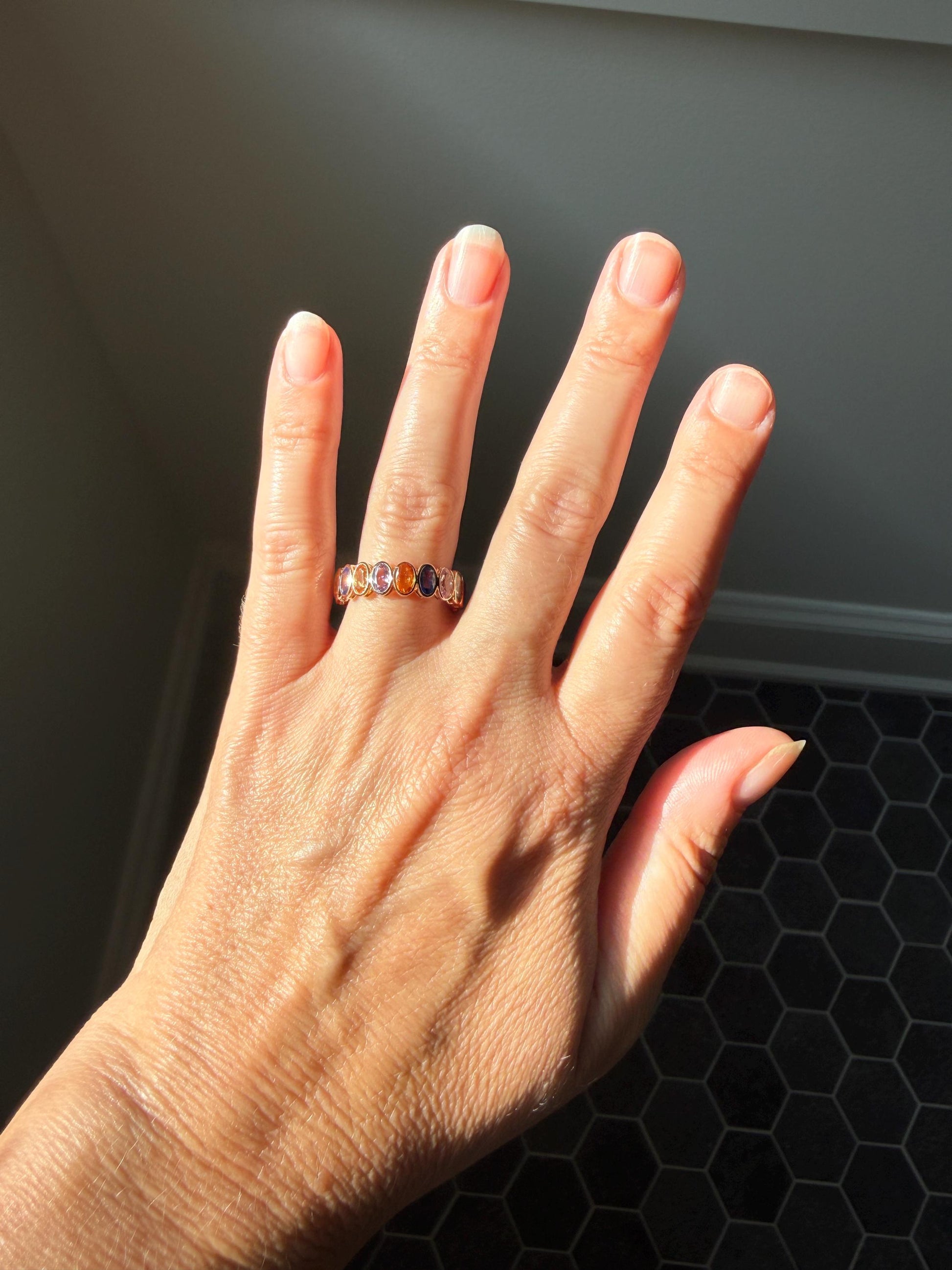 Natural Rainbow SAPPHIRES 3.5 Carats Oval Bezel Set Eternity Band 18k Rose Gold Ring Blue Yellow Green Pink