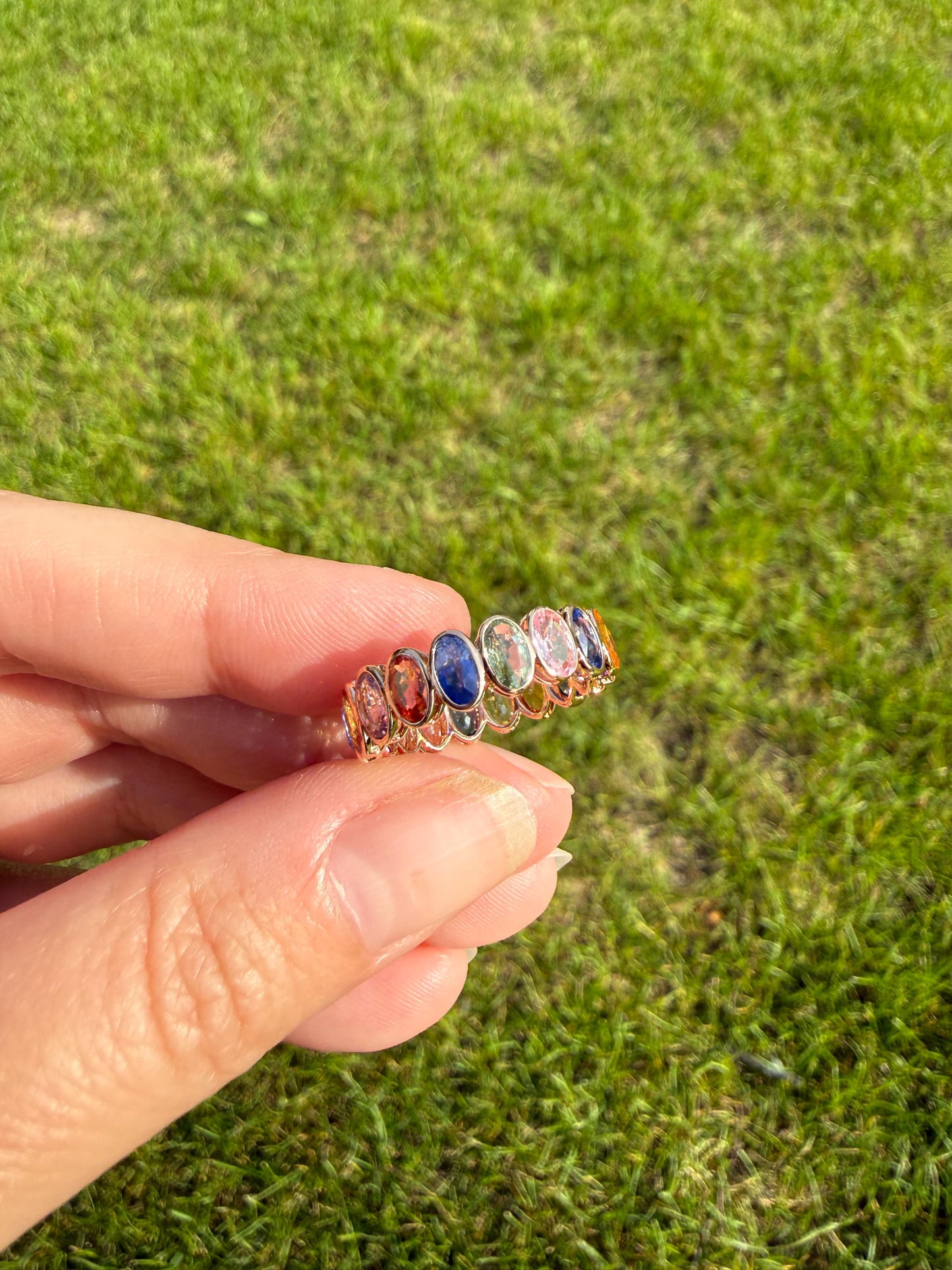 Natural Rainbow SAPPHIRES 3.5 Carats Oval Bezel Set Eternity Band 18k Rose Gold Ring Blue Yellow Green Pink